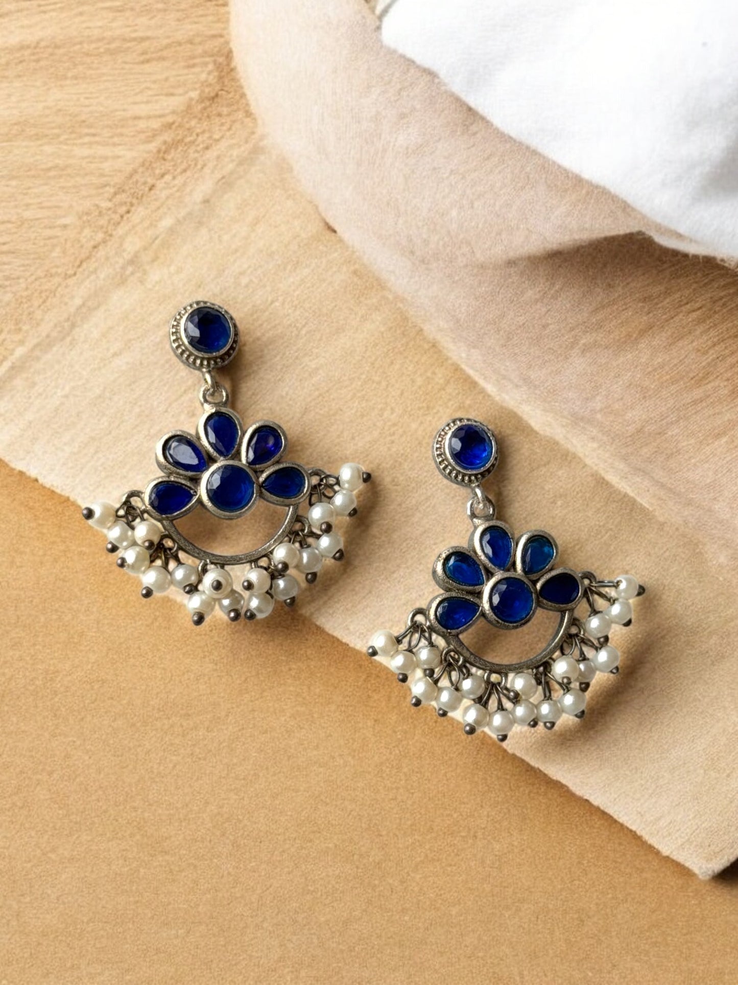 Silver Replica Navy Blue Pearl Dangling Earrings