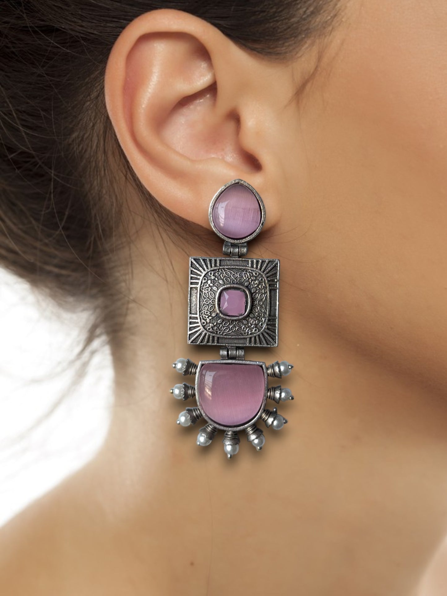 Silver Replica Pink Silk Stone Dangler Earrings