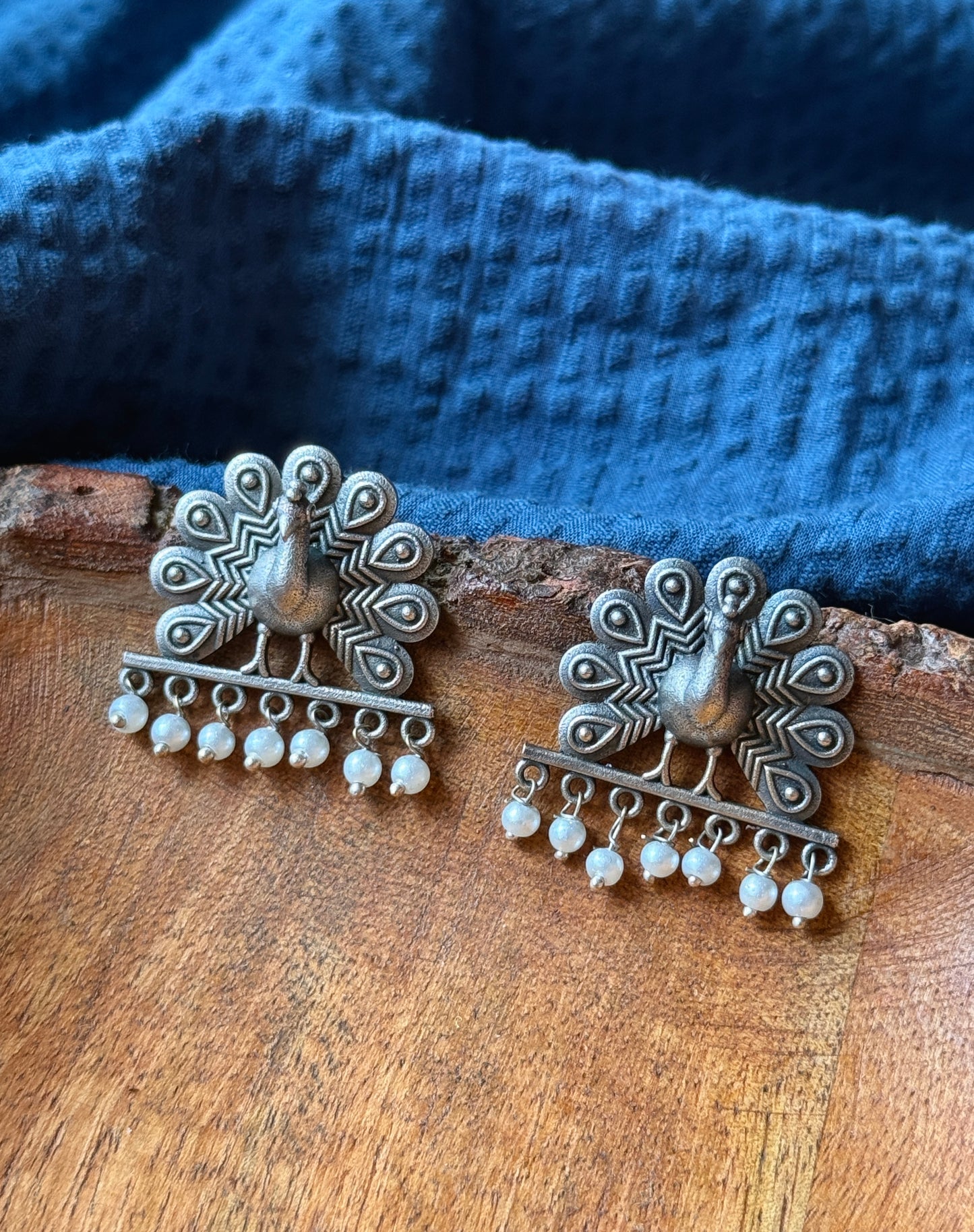 Peacock Studs with Dangling Pearls