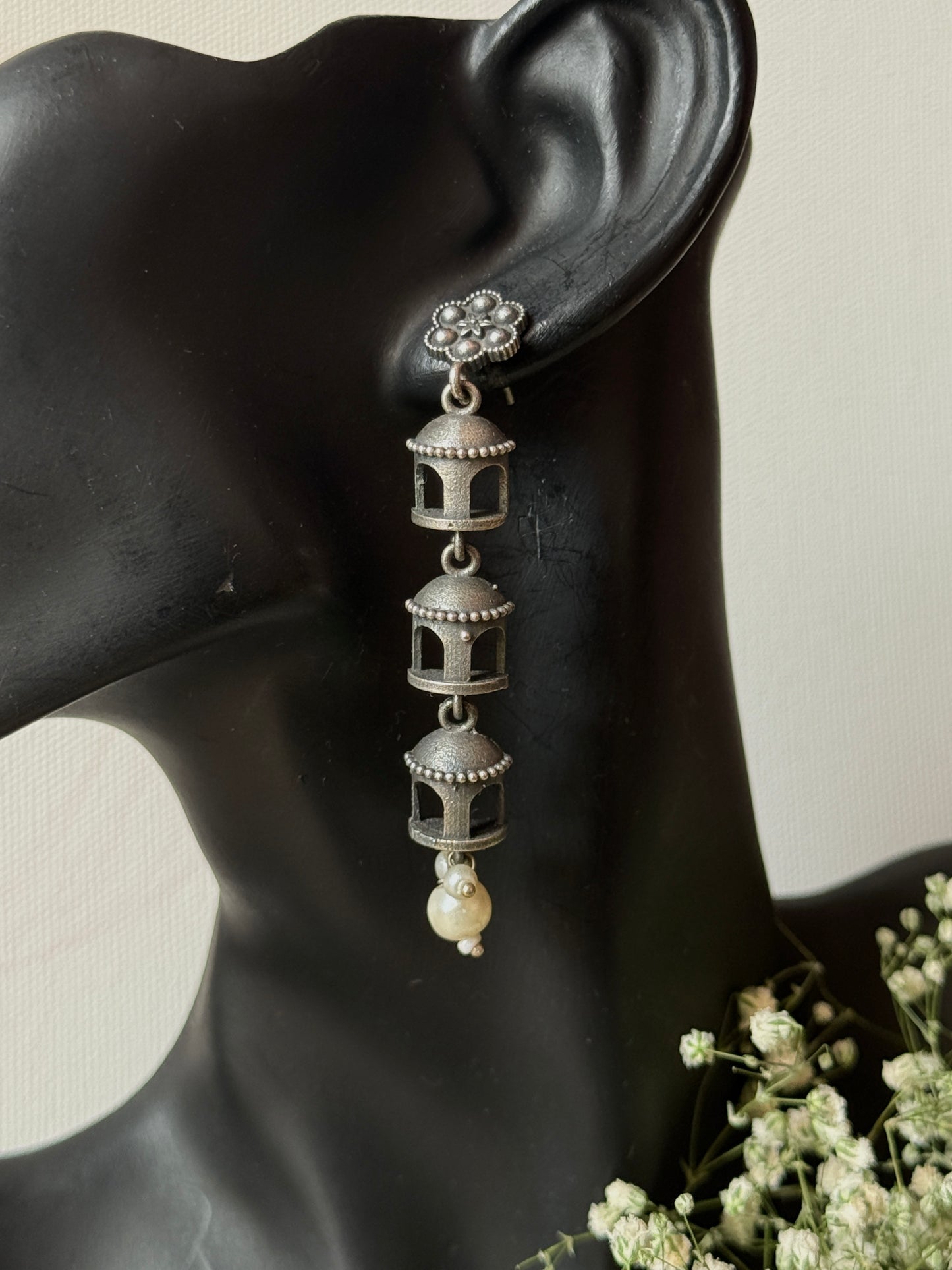Jharokha-Inspired German Silver Dangling Earrings