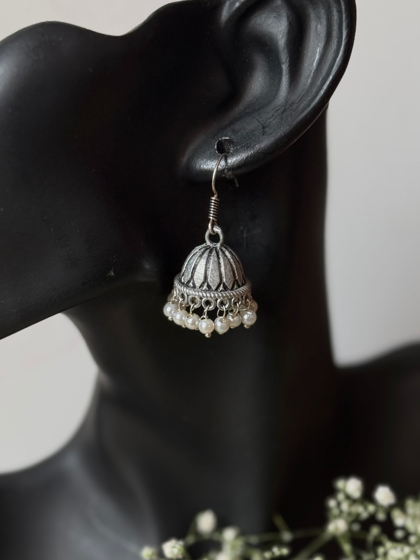 German Silver Oxidised Jhumka with Embedded Pearls