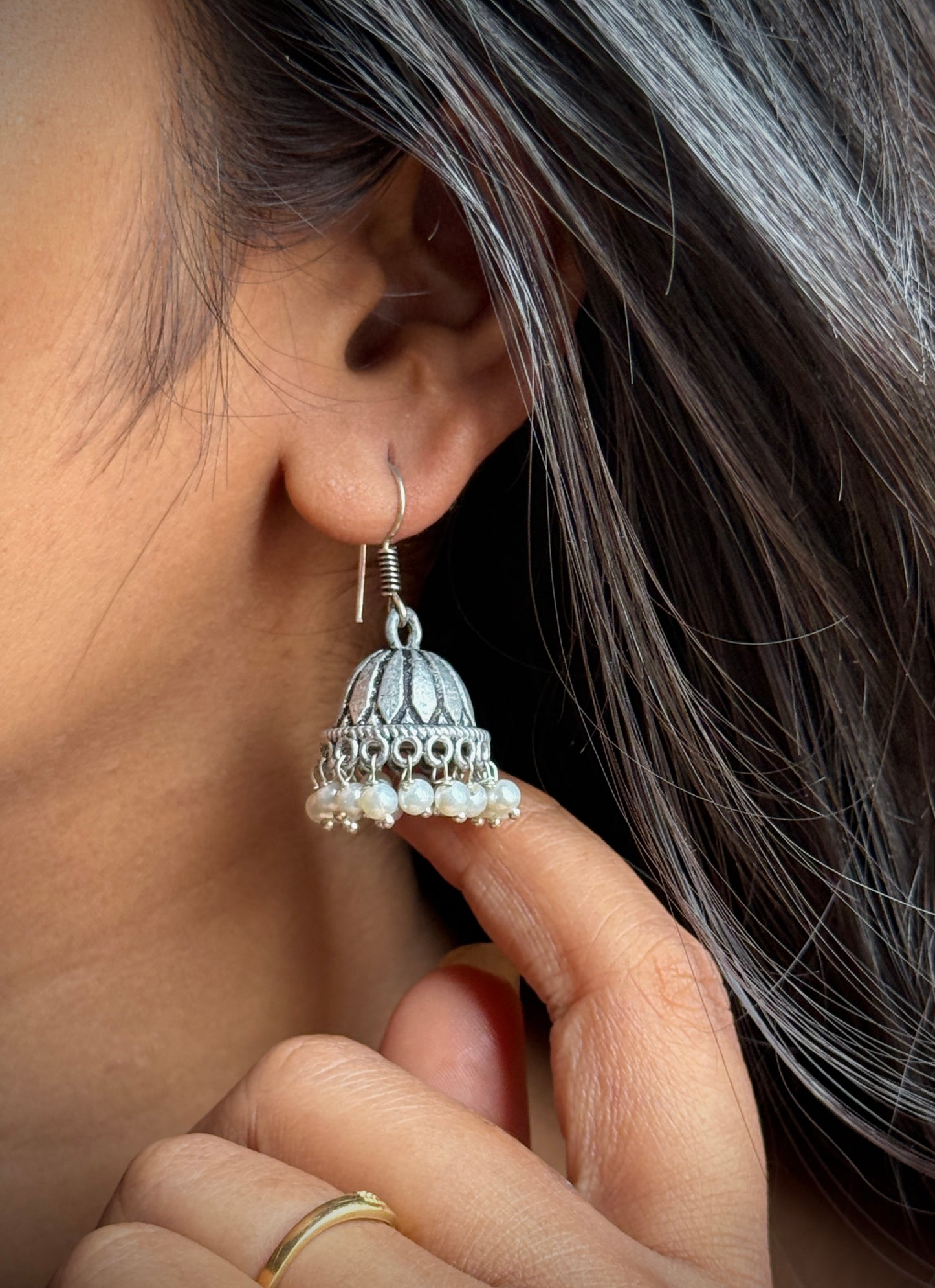 German Silver Oxidised Jhumka with Embedded Pearls
