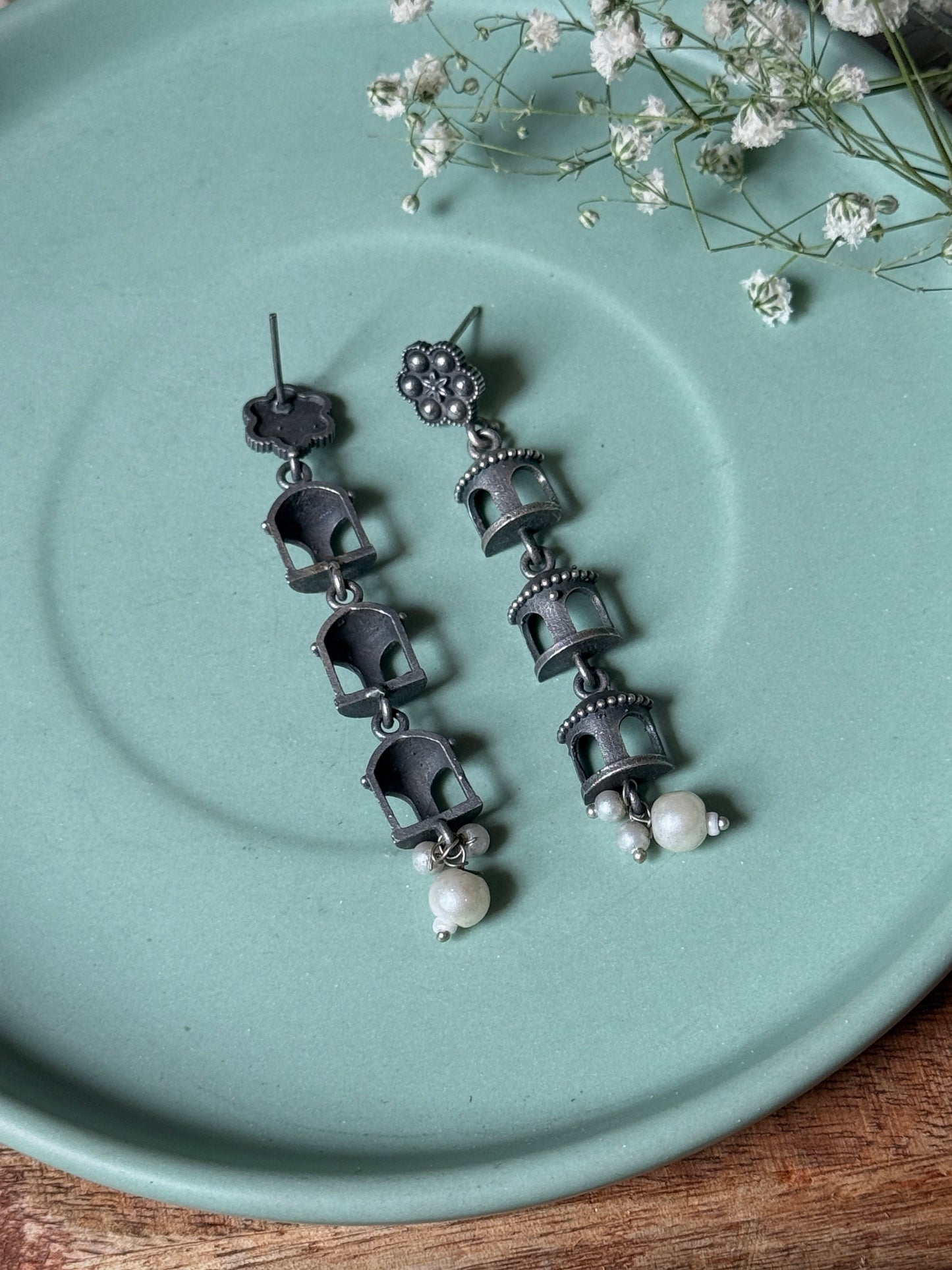 Jharokha-Inspired German Silver Dangling Earrings