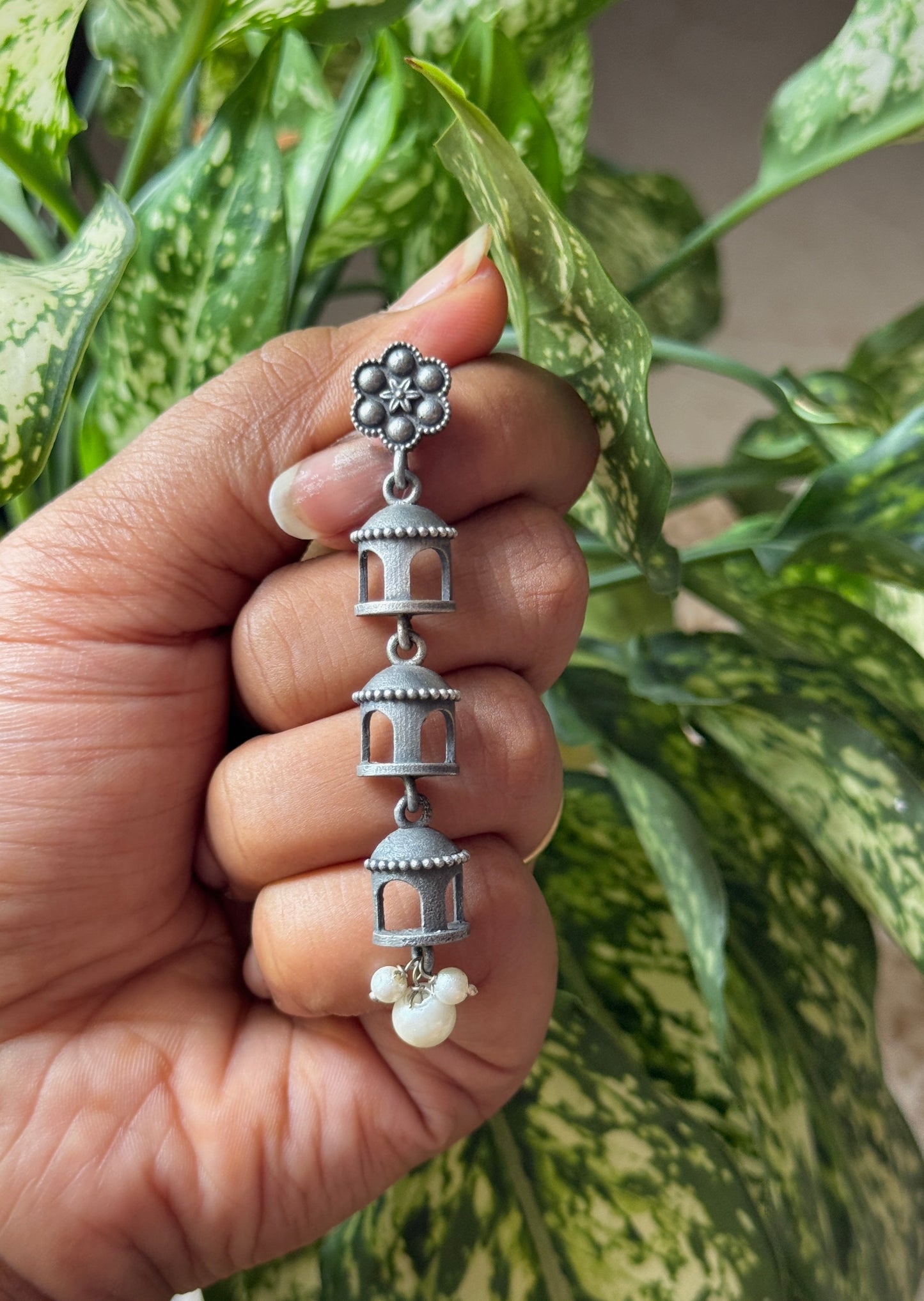 Jharokha-Inspired German Silver Dangling Earrings