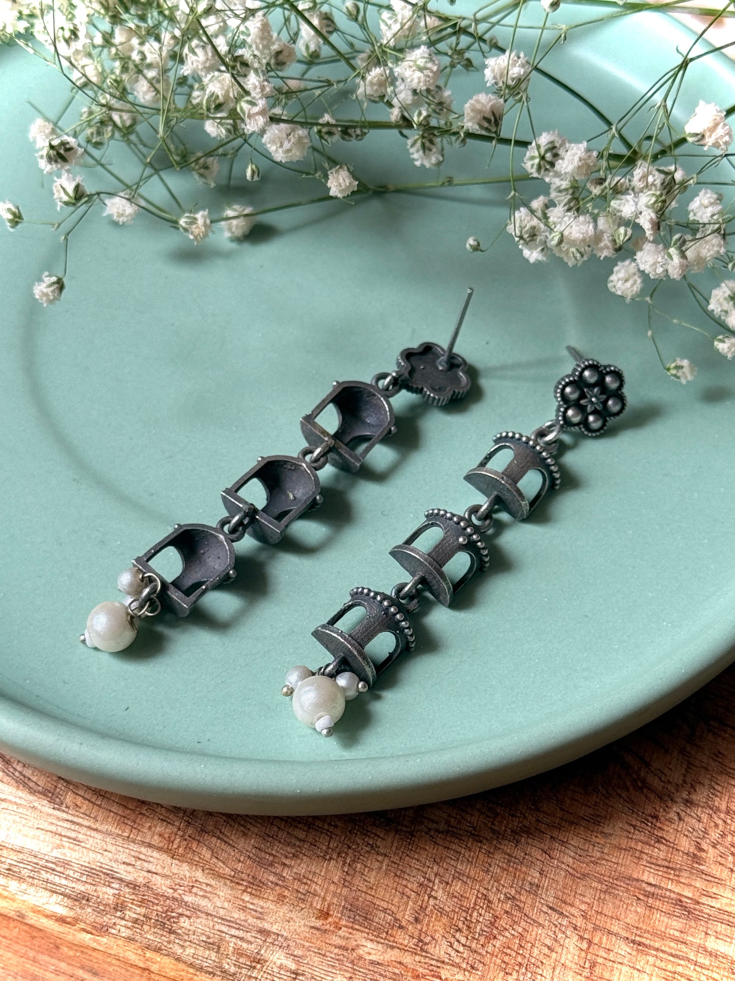 Jharokha-Inspired German Silver Dangling Earrings