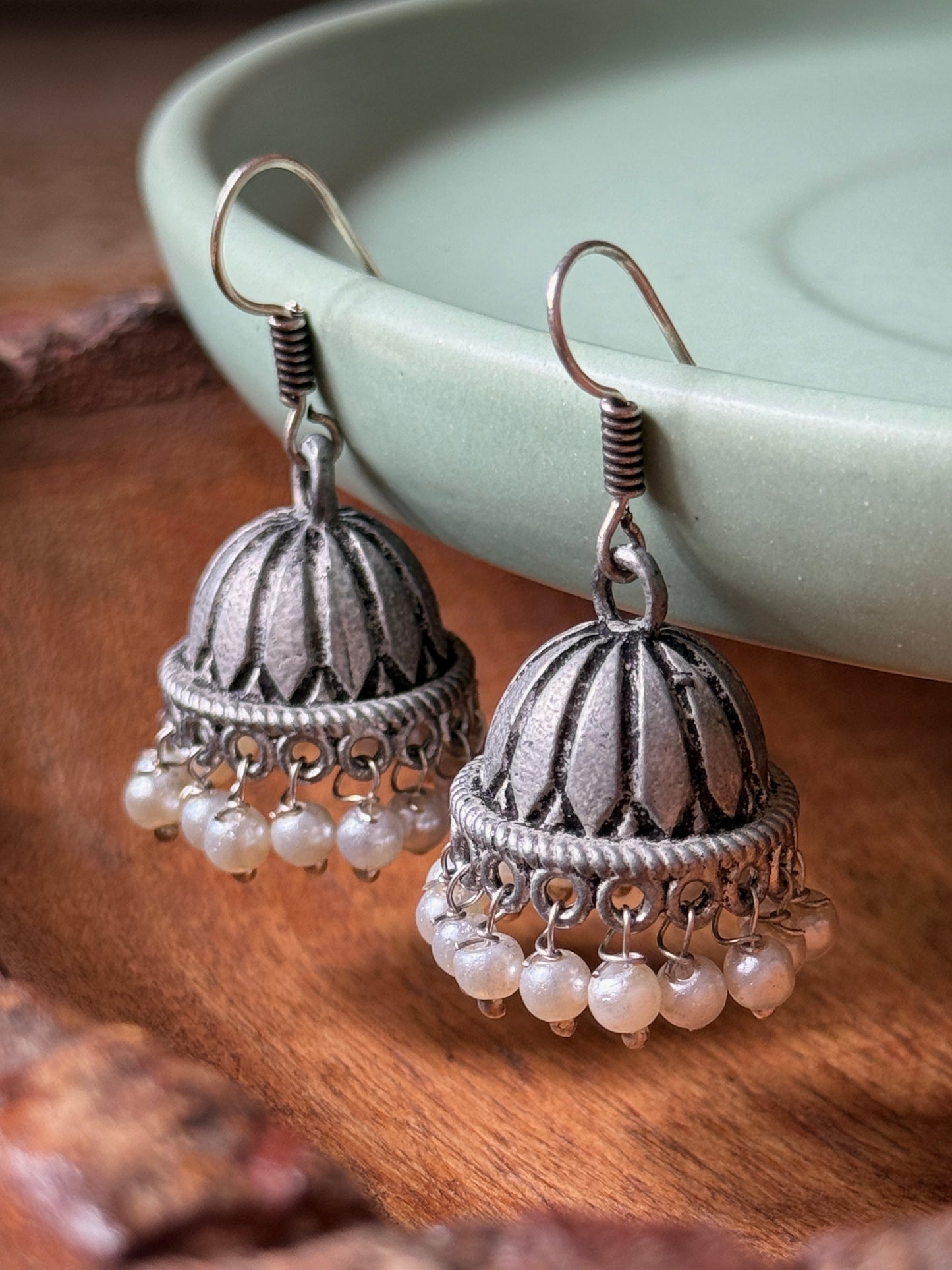 German Silver Oxidised Jhumka with Embedded Pearls