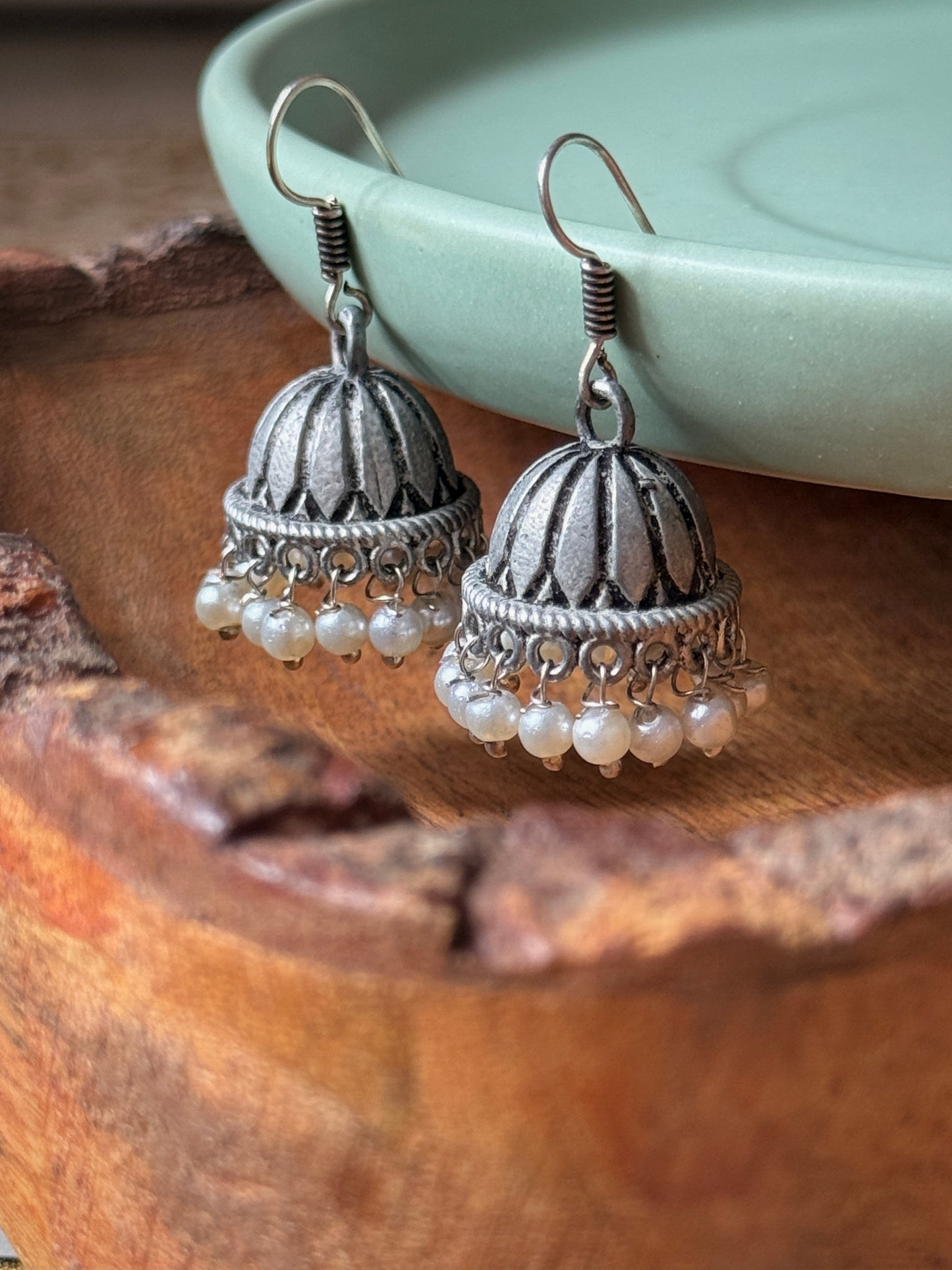 German Silver Oxidised Jhumka with Embedded Pearls