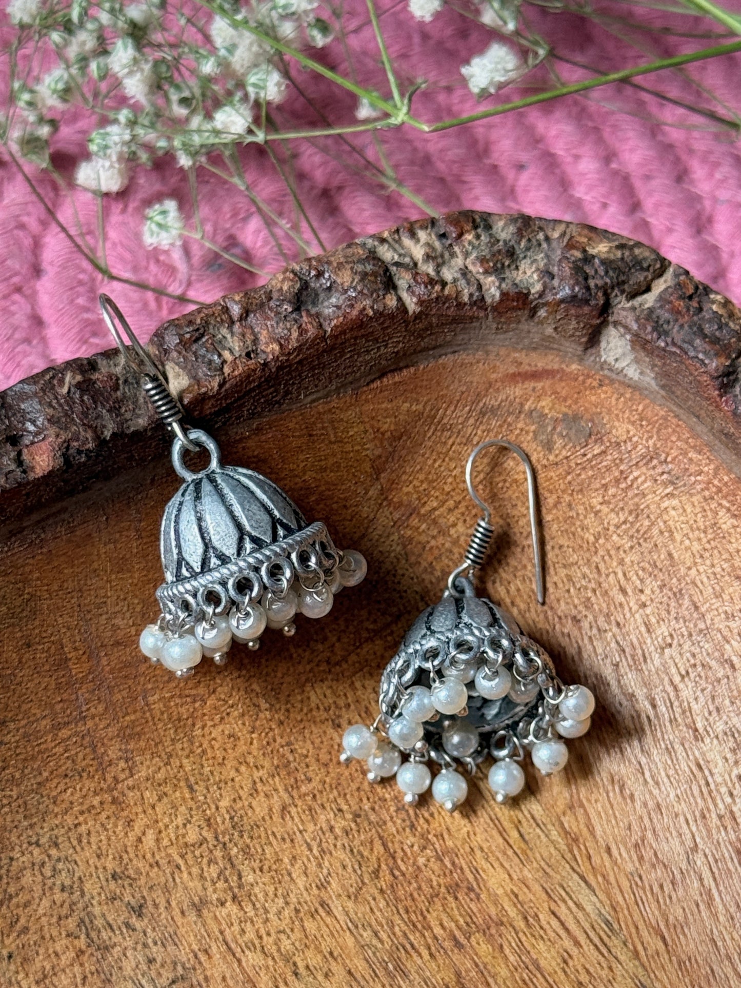 German Silver Oxidised Jhumka with Embedded Pearls