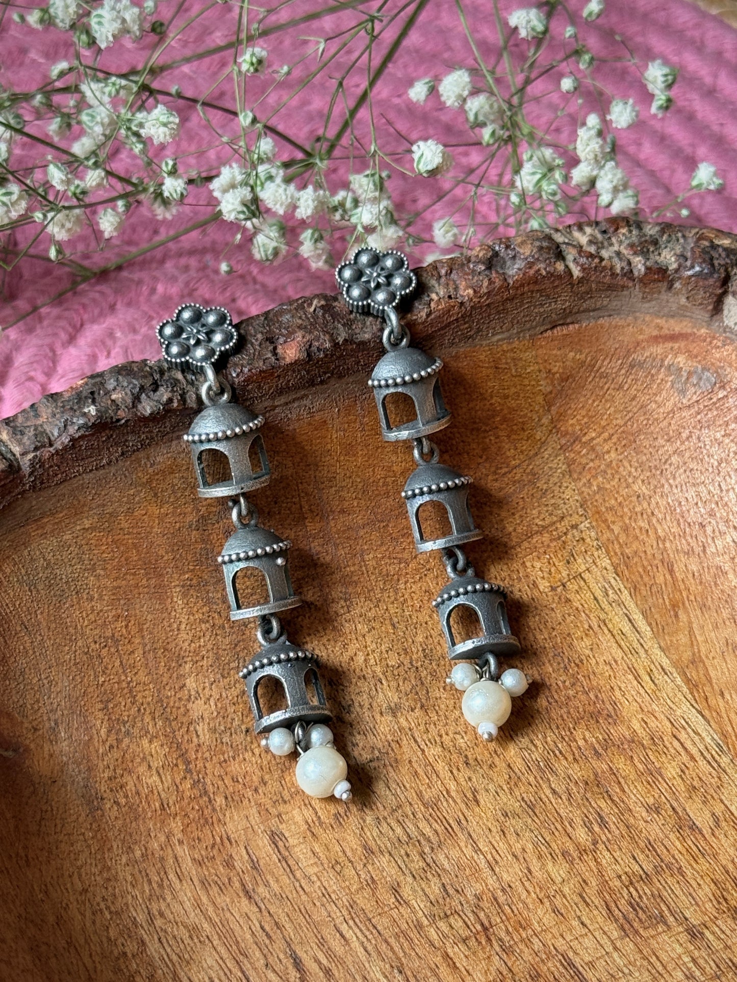 Jharokha-Inspired German Silver Dangling Earrings