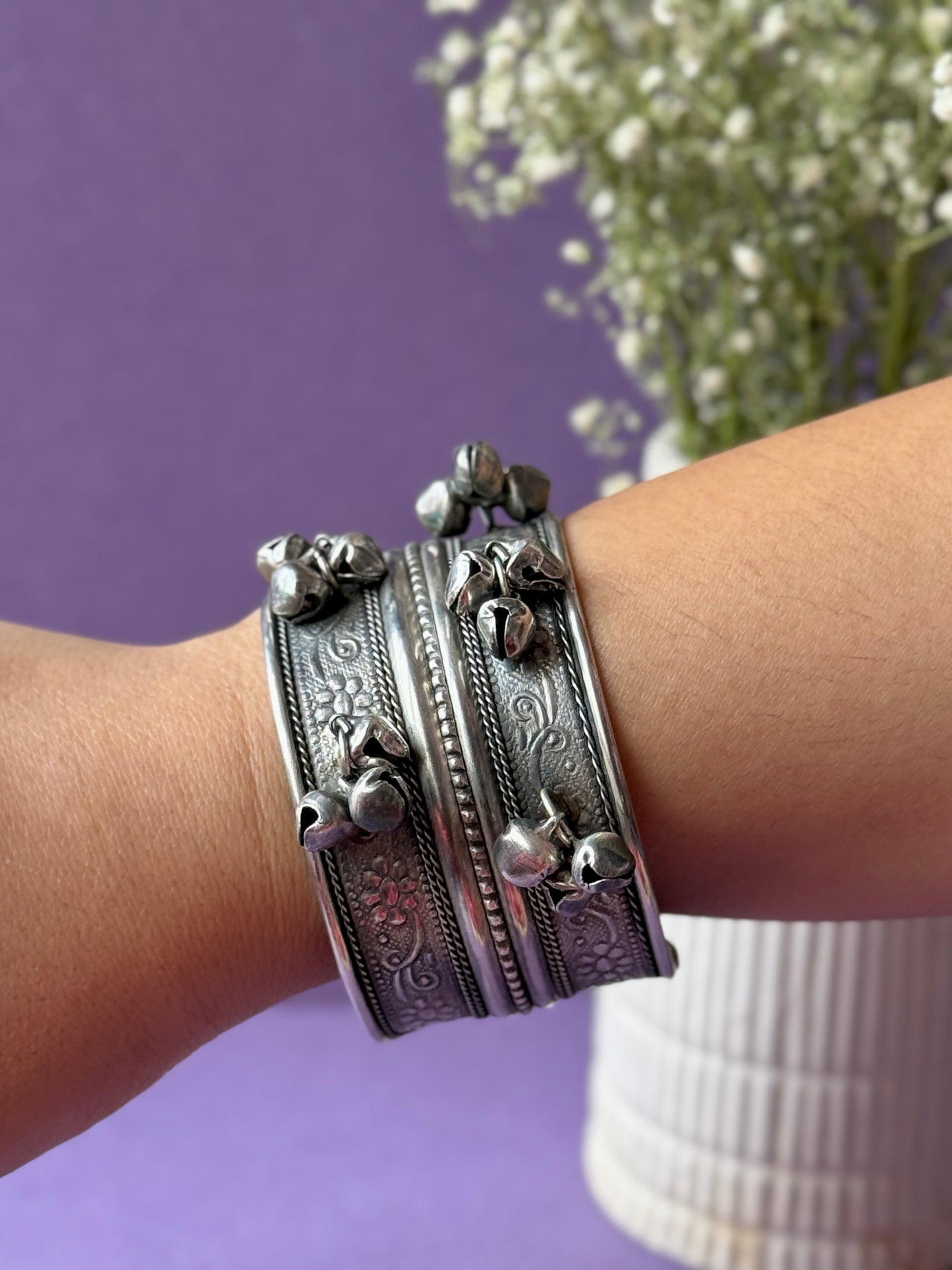 Oxidized Self-Engraved Free-Size Bracelet with Ghungroo Charm