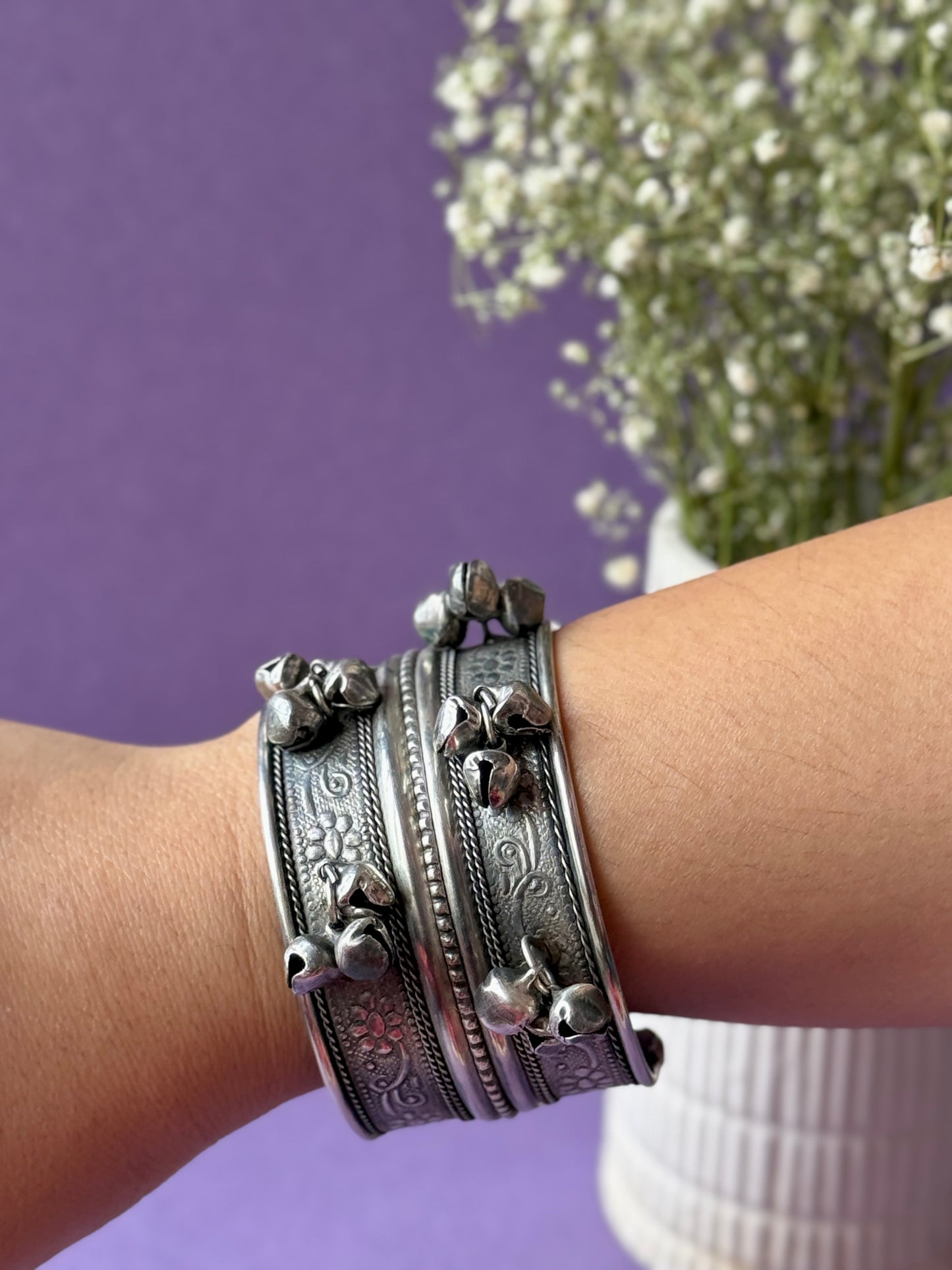 Oxidized Self-Engraved Free-Size Bracelet with Ghungroo Charm