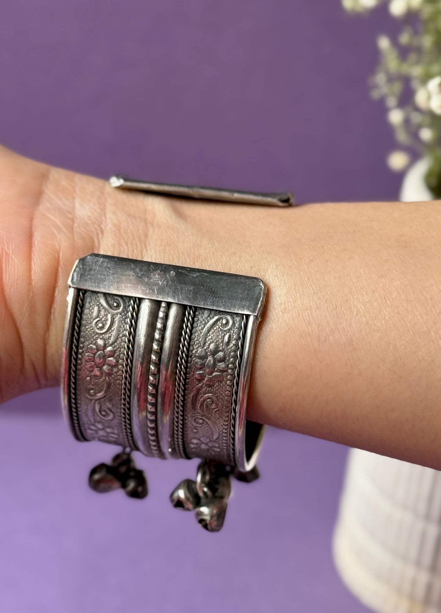 Oxidized Self-Engraved Free-Size Bracelet with Ghungroo Charm