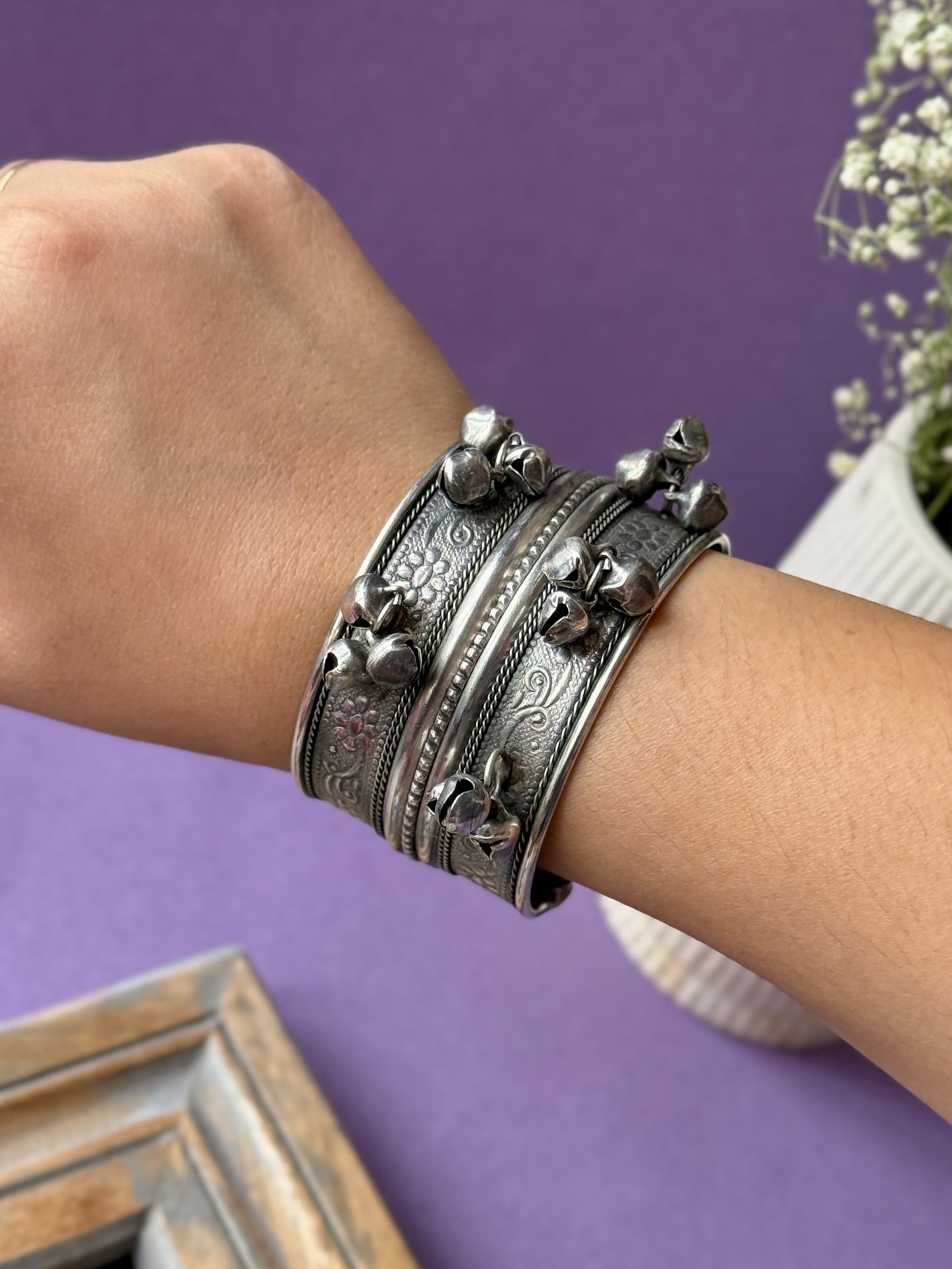 Oxidized Self-Engraved Free-Size Bracelet with Ghungroo Charm