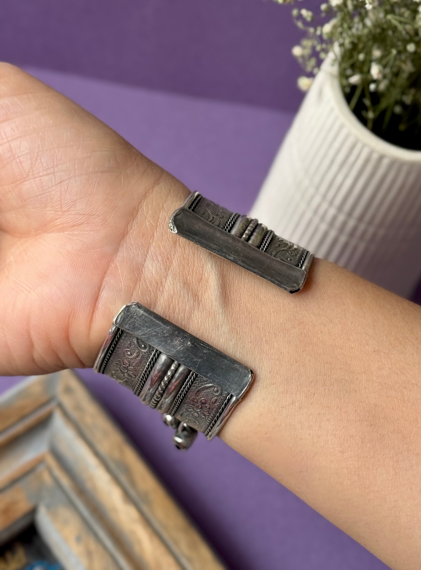 Oxidized Self-Engraved Free-Size Bracelet with Ghungroo Charm