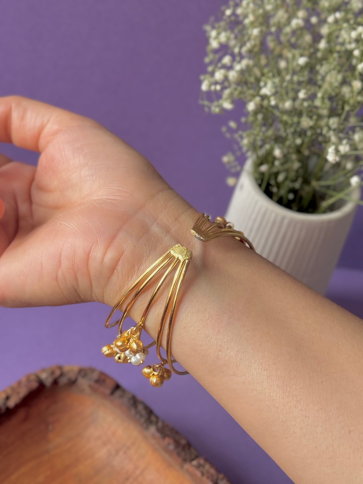 Pearls and Ghungroo Embedded Adjustable Golden Bracelet – Free Size