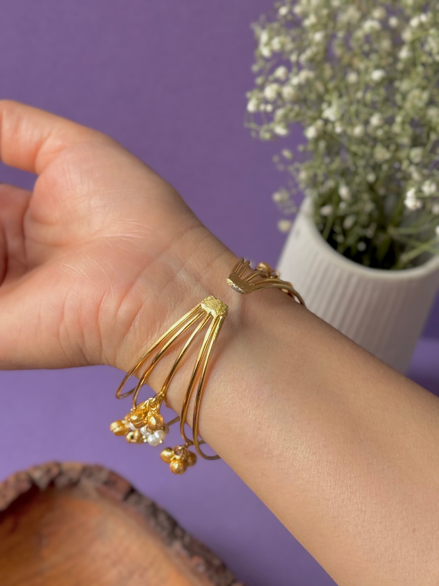 Pearls and Ghungroo Embedded Adjustable Golden Bracelet – Free Size