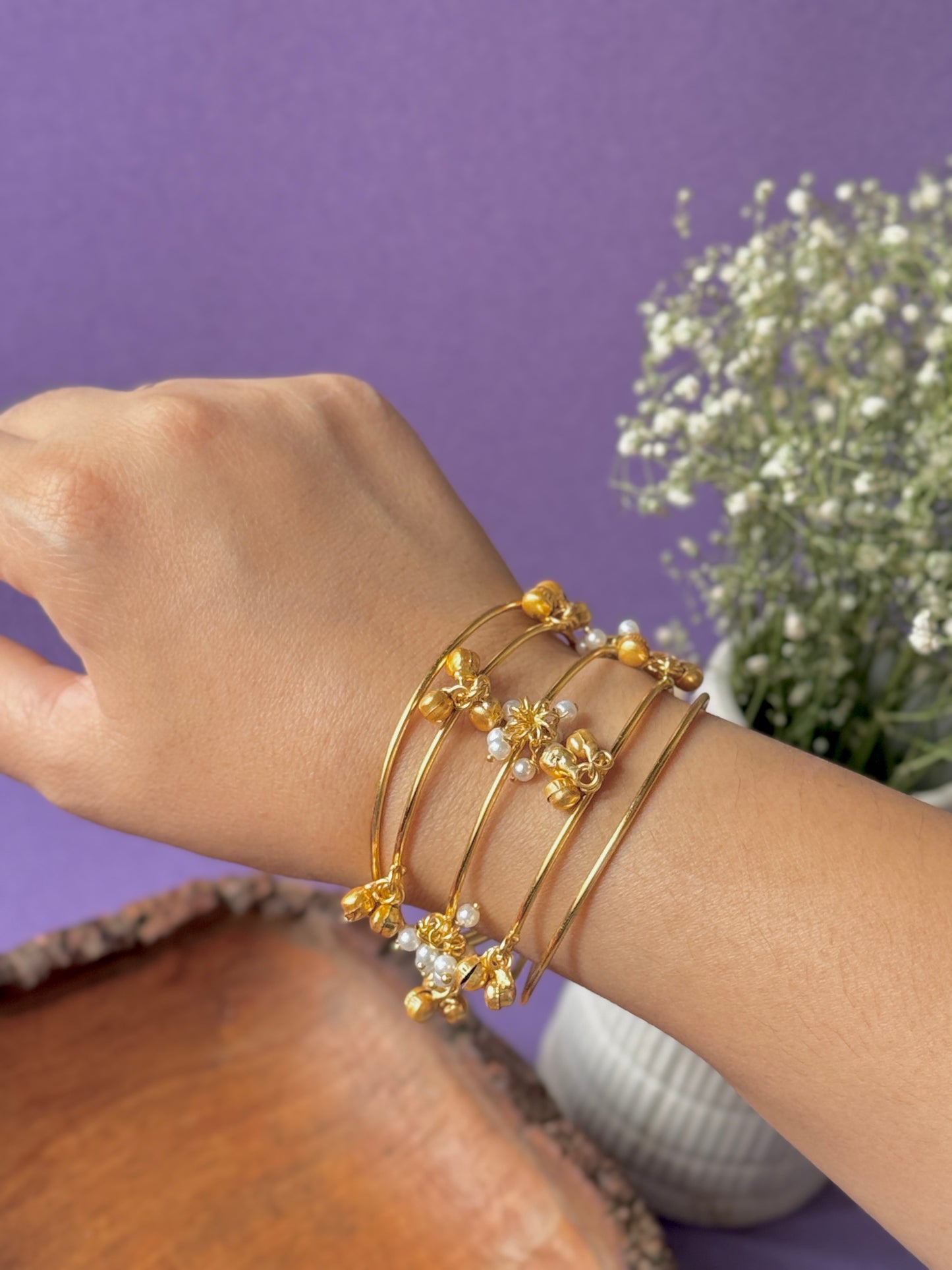 Pearls and Ghungroo Embedded Adjustable Golden Bracelet – Free Size