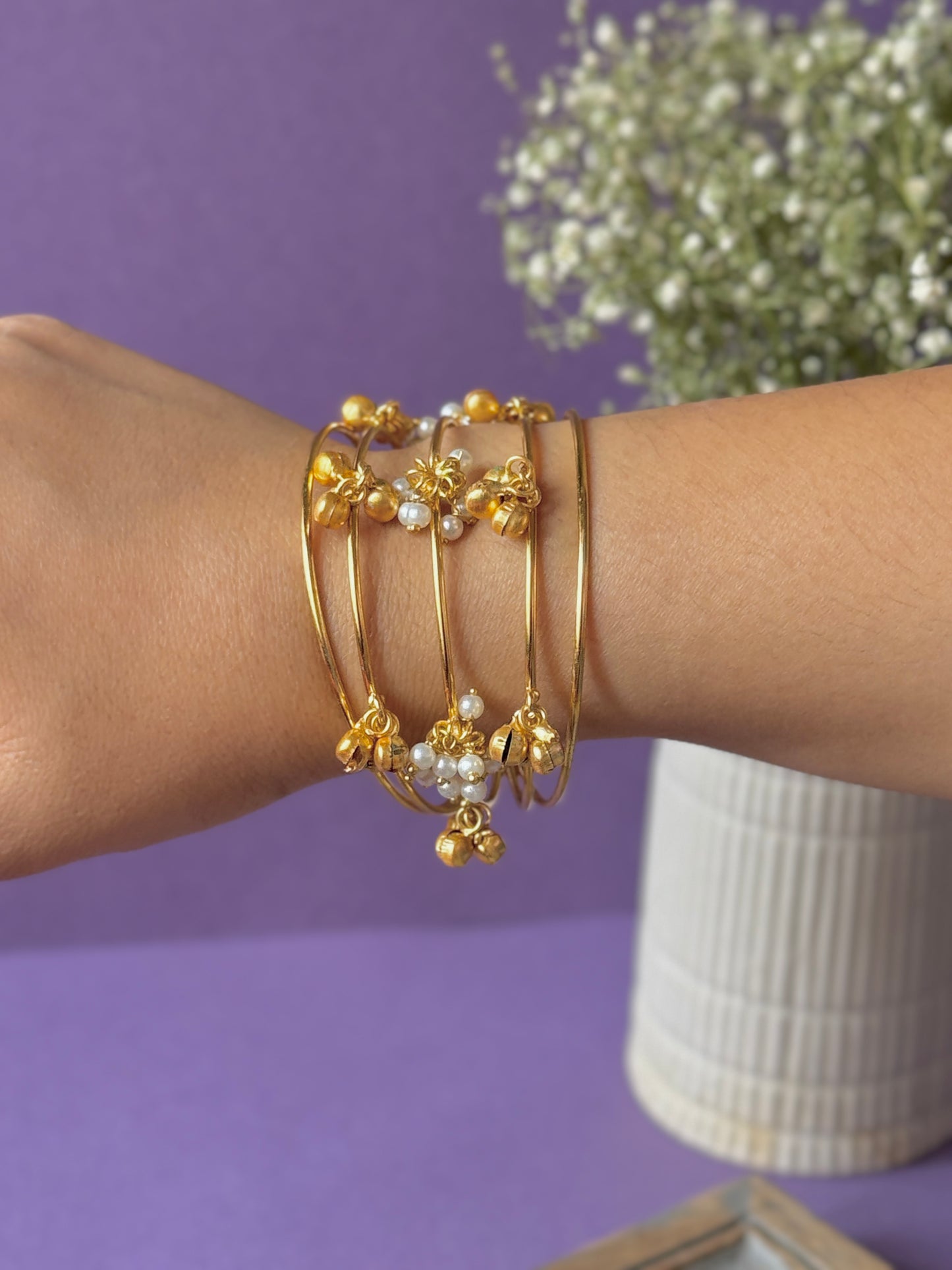Pearls and Ghungroo Embedded Adjustable Golden Bracelet – Free Size