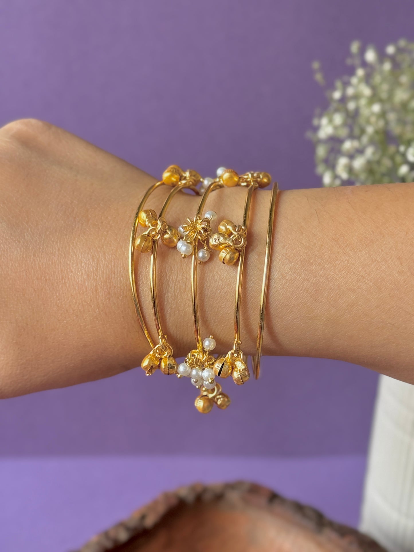 Pearls and Ghungroo Embedded Adjustable Golden Bracelet – Free Size