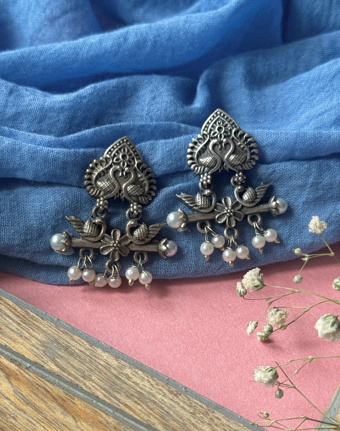 Silver Lookalike Peacock Embedded Earrings