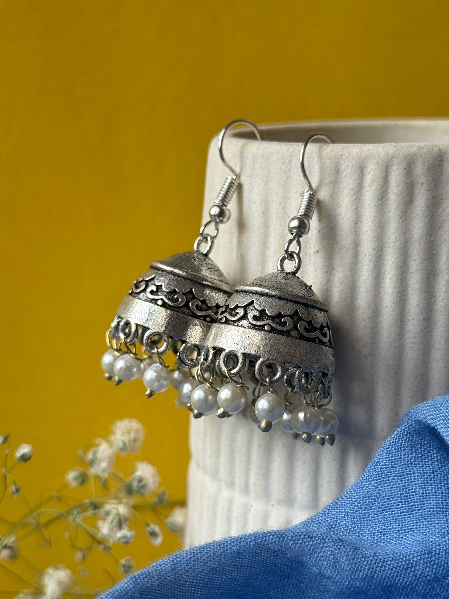 Silver Lookalike Jhumka with Embedded Pearls
