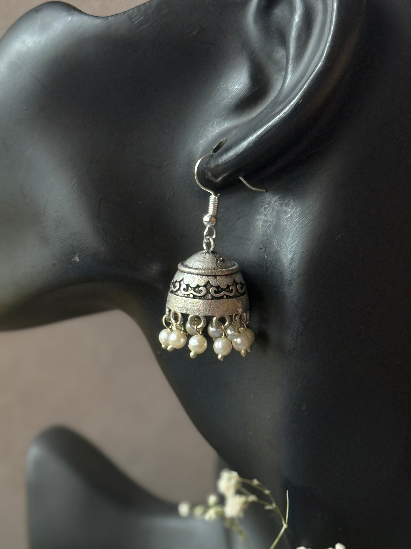 Silver Lookalike Jhumka with Embedded Pearls