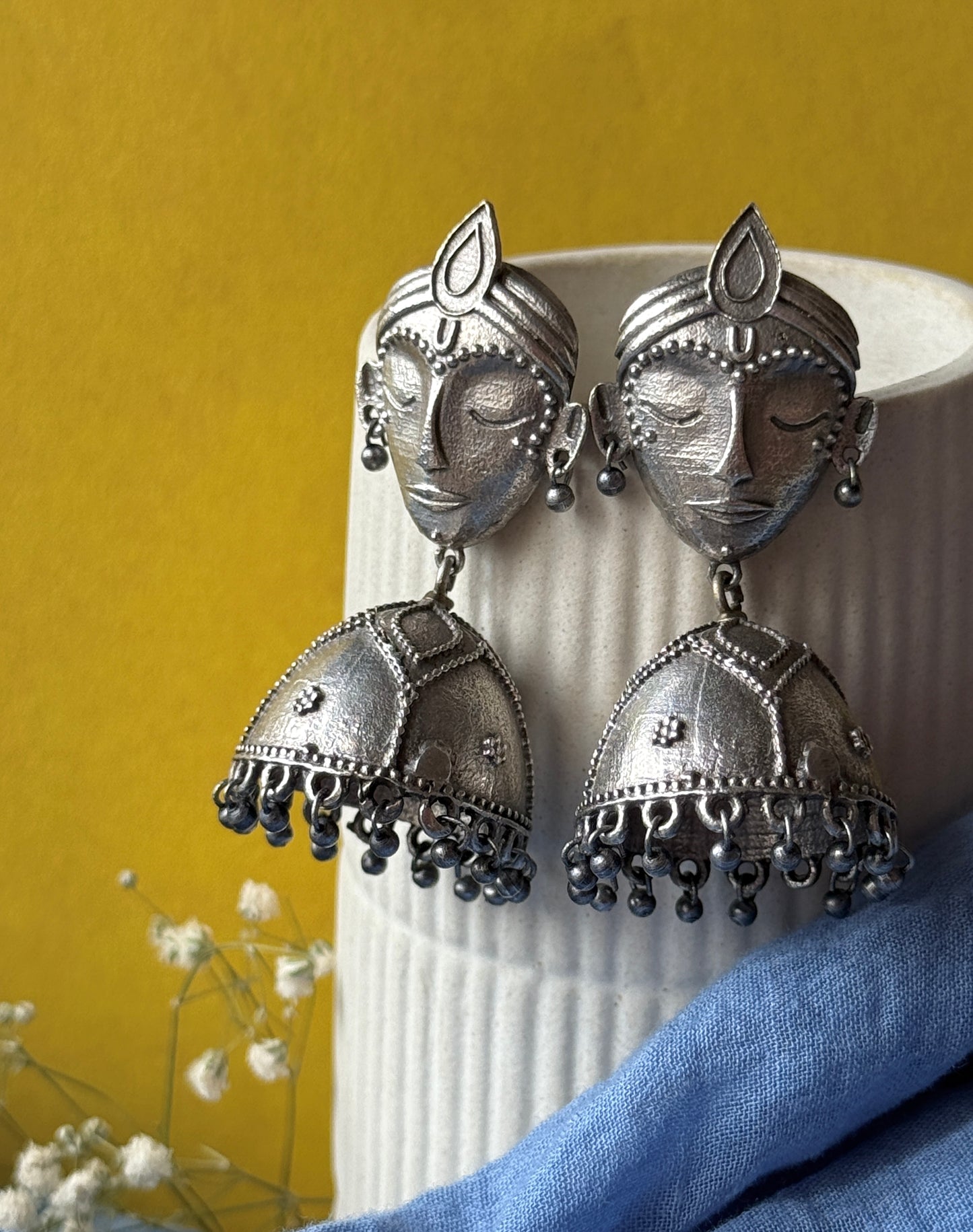 German Silver Face Motif Earrings with Jhumka