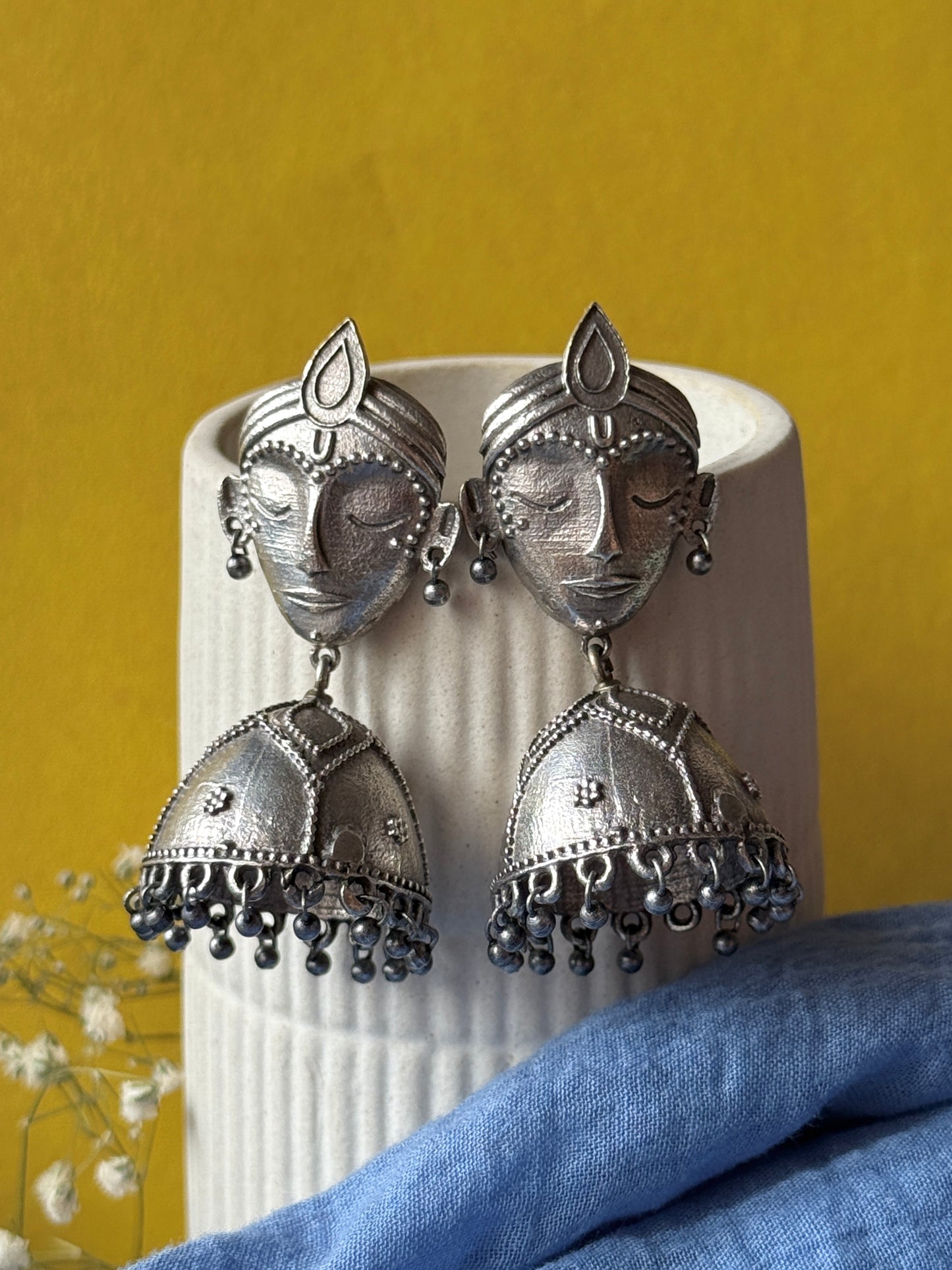 German Silver Face Motif Earrings with Jhumka