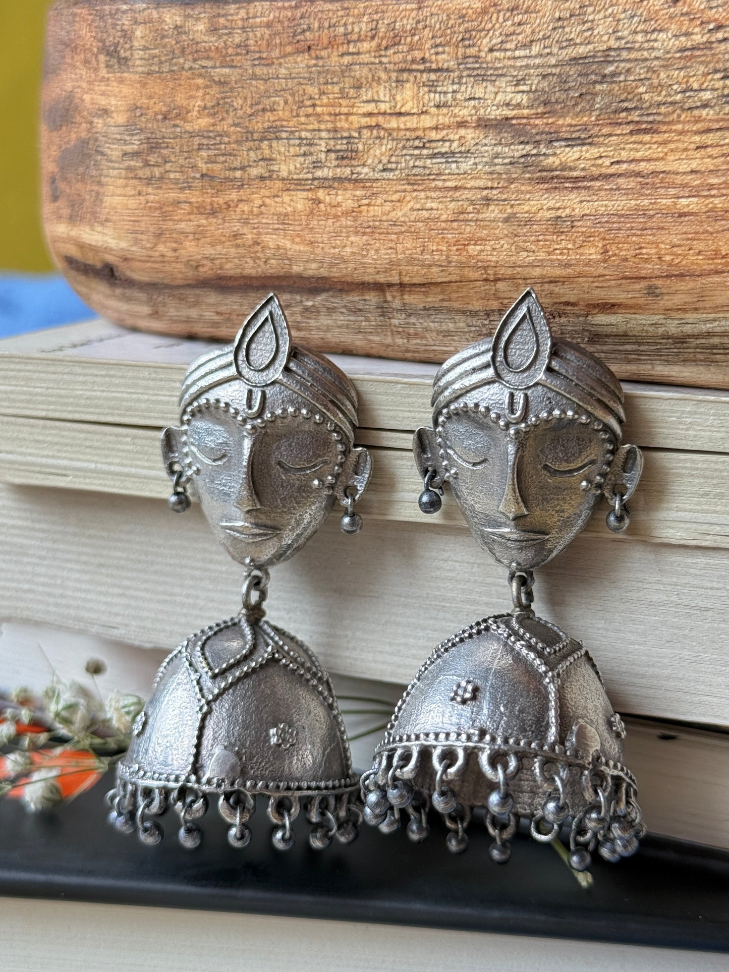 German Silver Face Motif Earrings with Jhumka