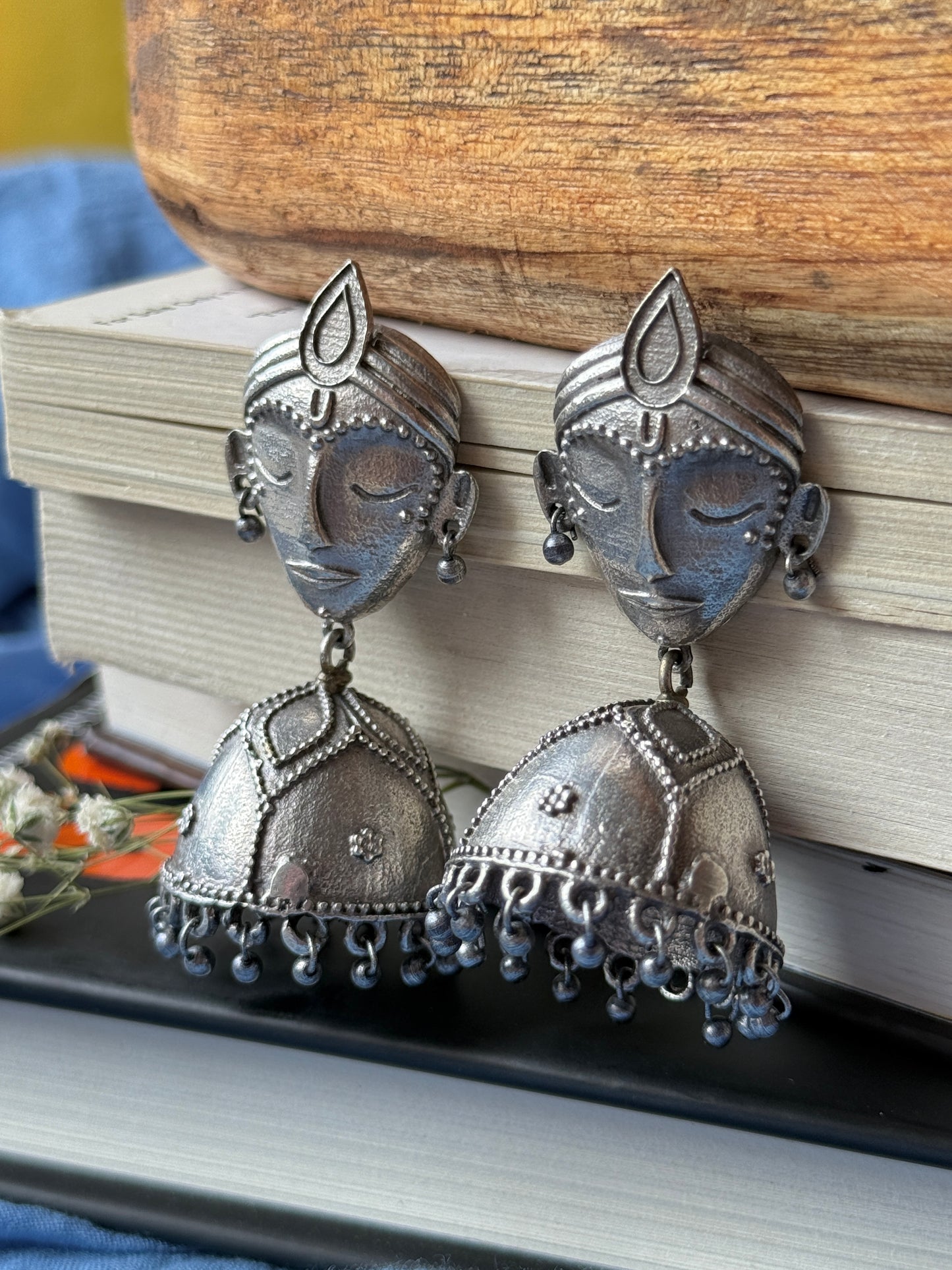 German Silver Face Motif Earrings with Jhumka