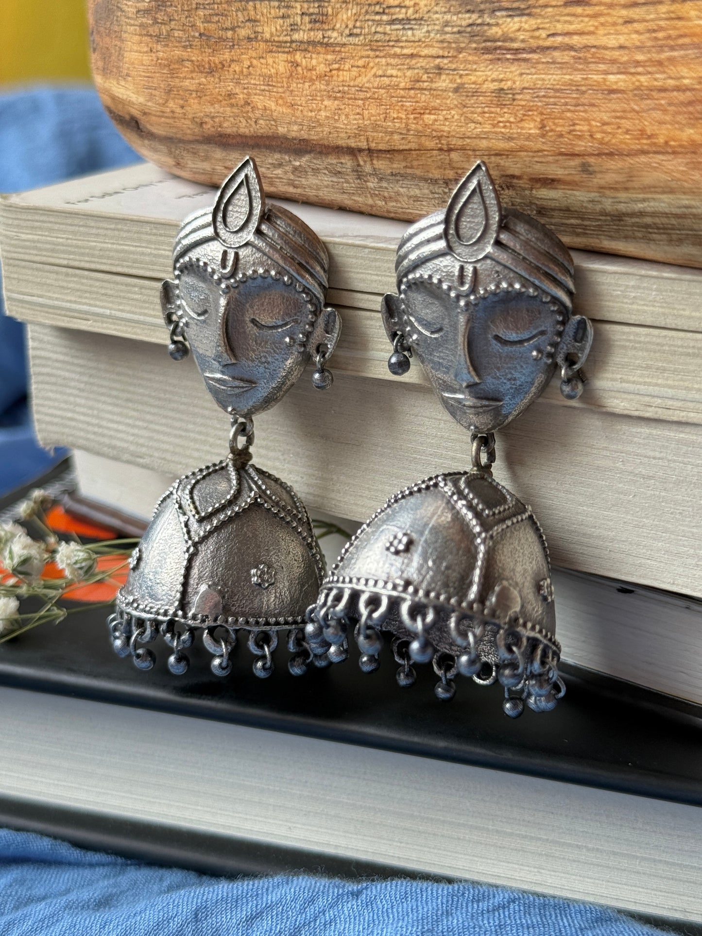 German Silver Face Motif Earrings with Jhumka