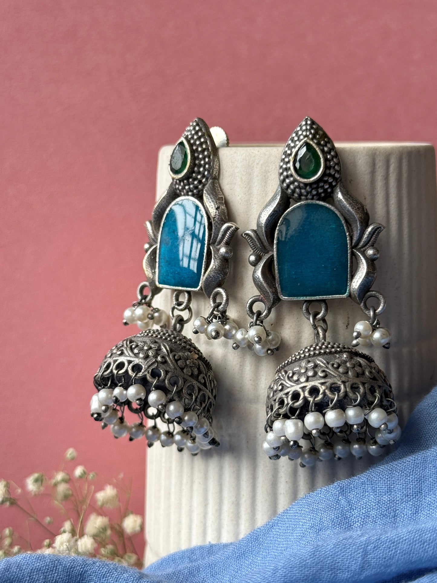 Silver Lookalike Dark Blue Jhumka
