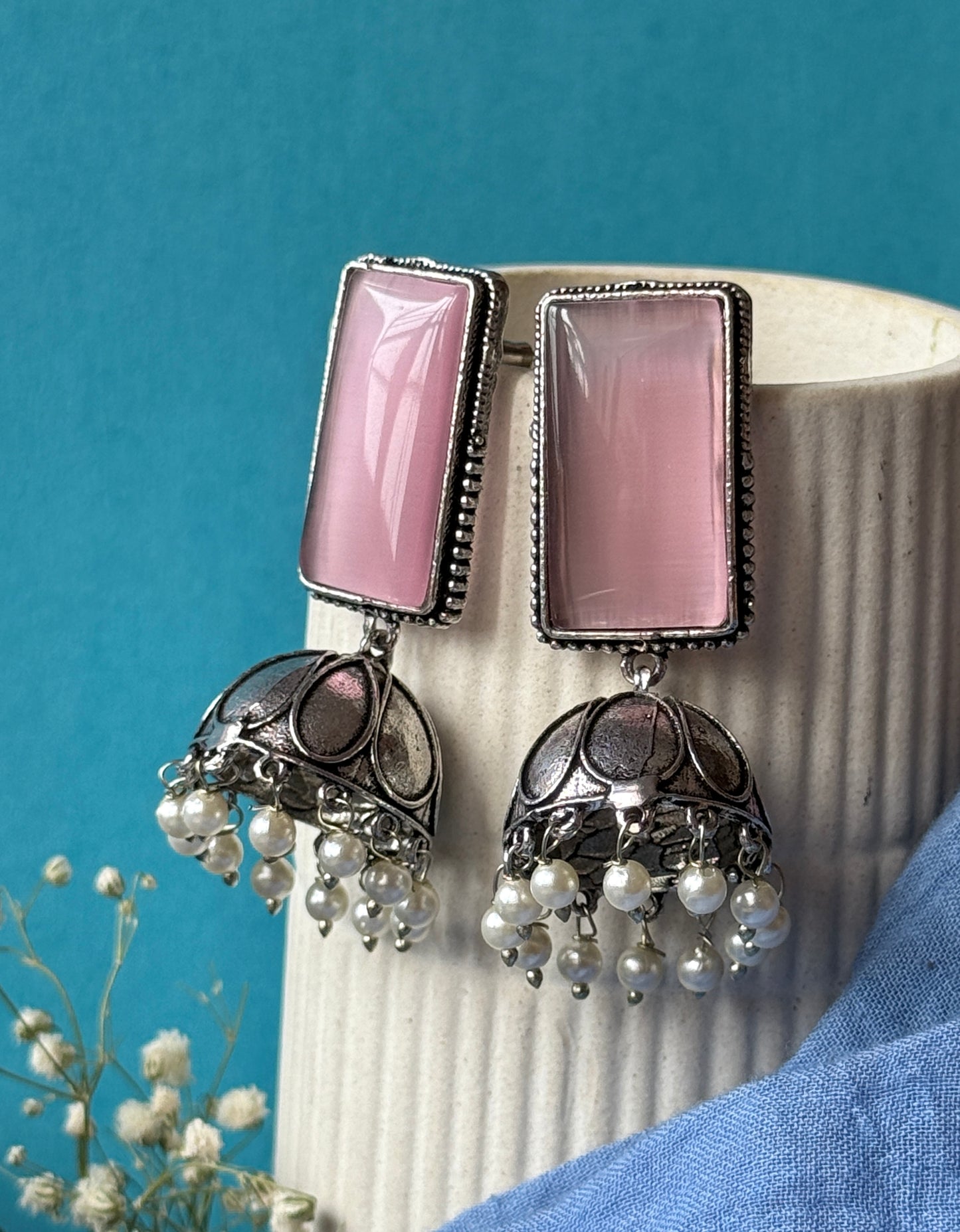 Rectangular Monalisa Stone Embedded Jhumka