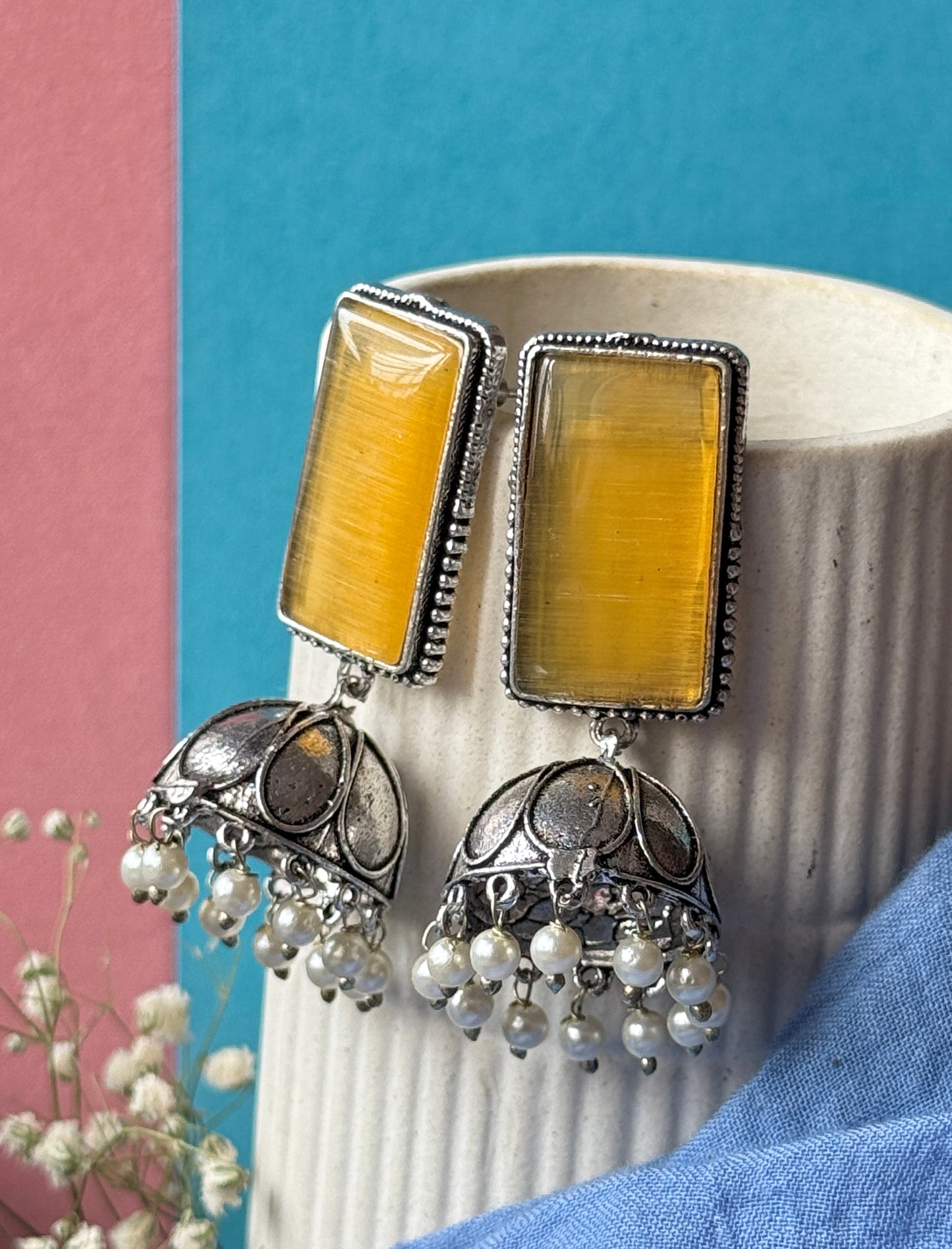 Rectangular Monalisa Stone Embedded Jhumka