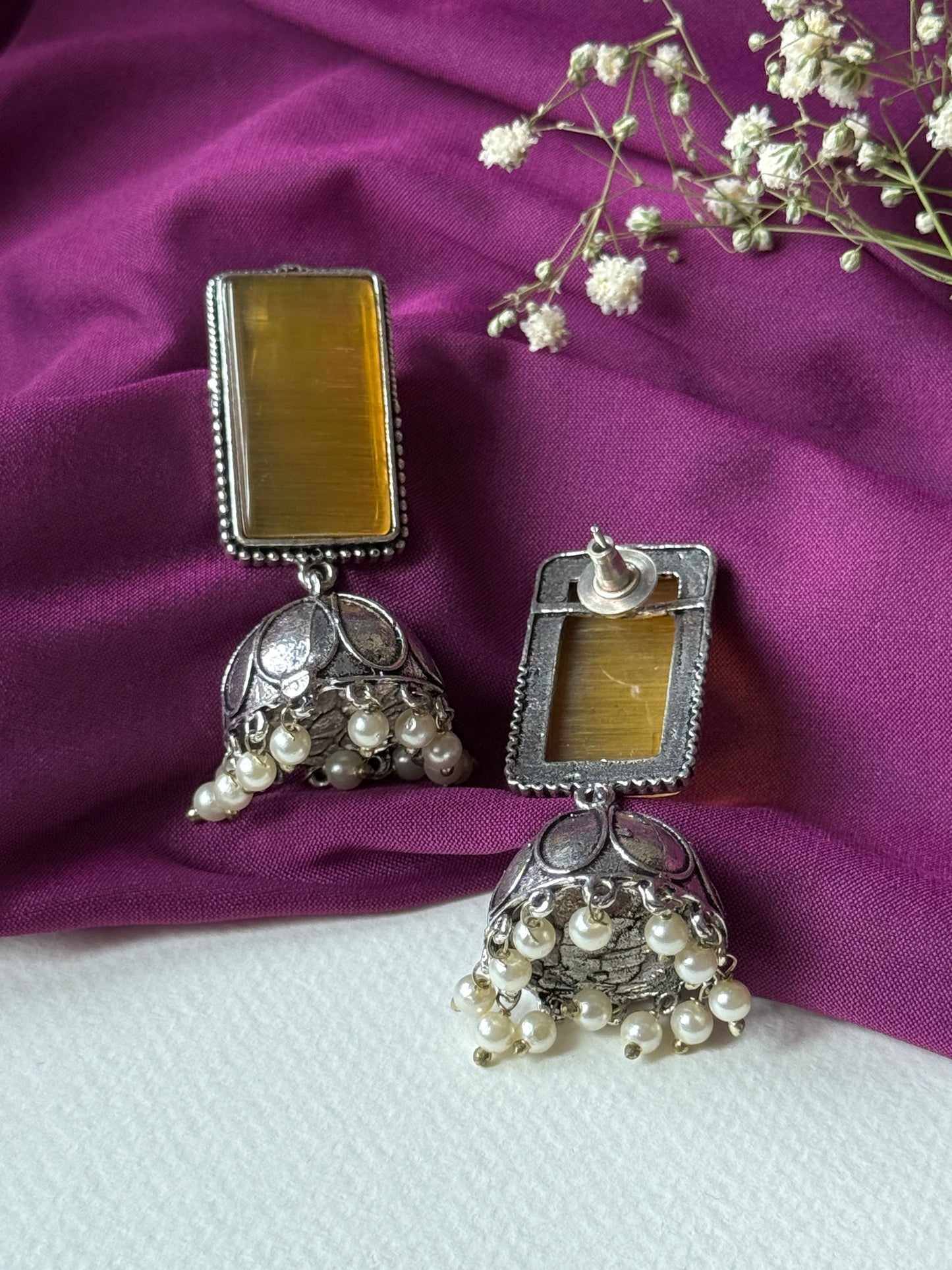 Rectangular Monalisa Stone Embedded Jhumka