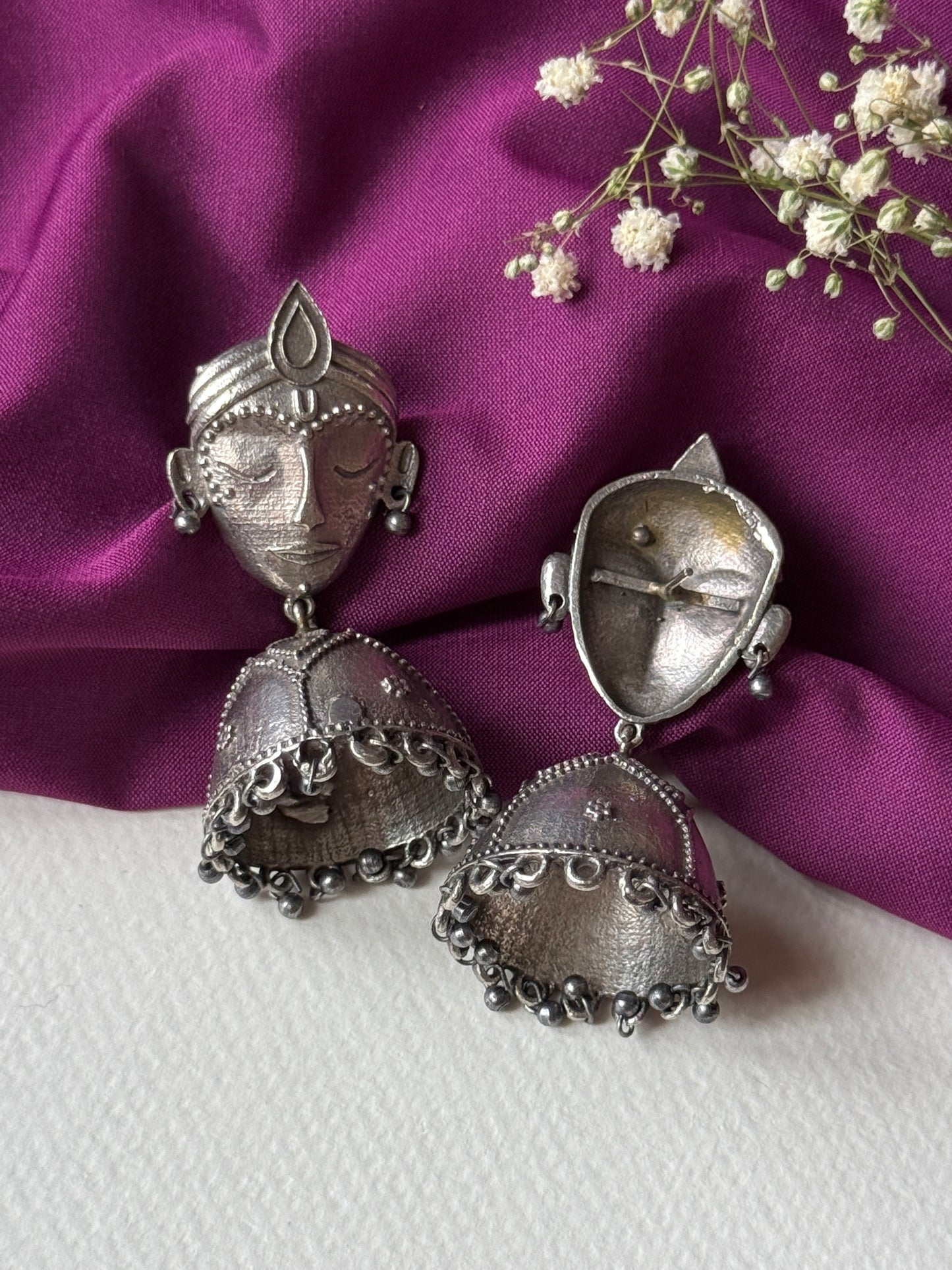 German Silver Face Motif Earrings with Jhumka