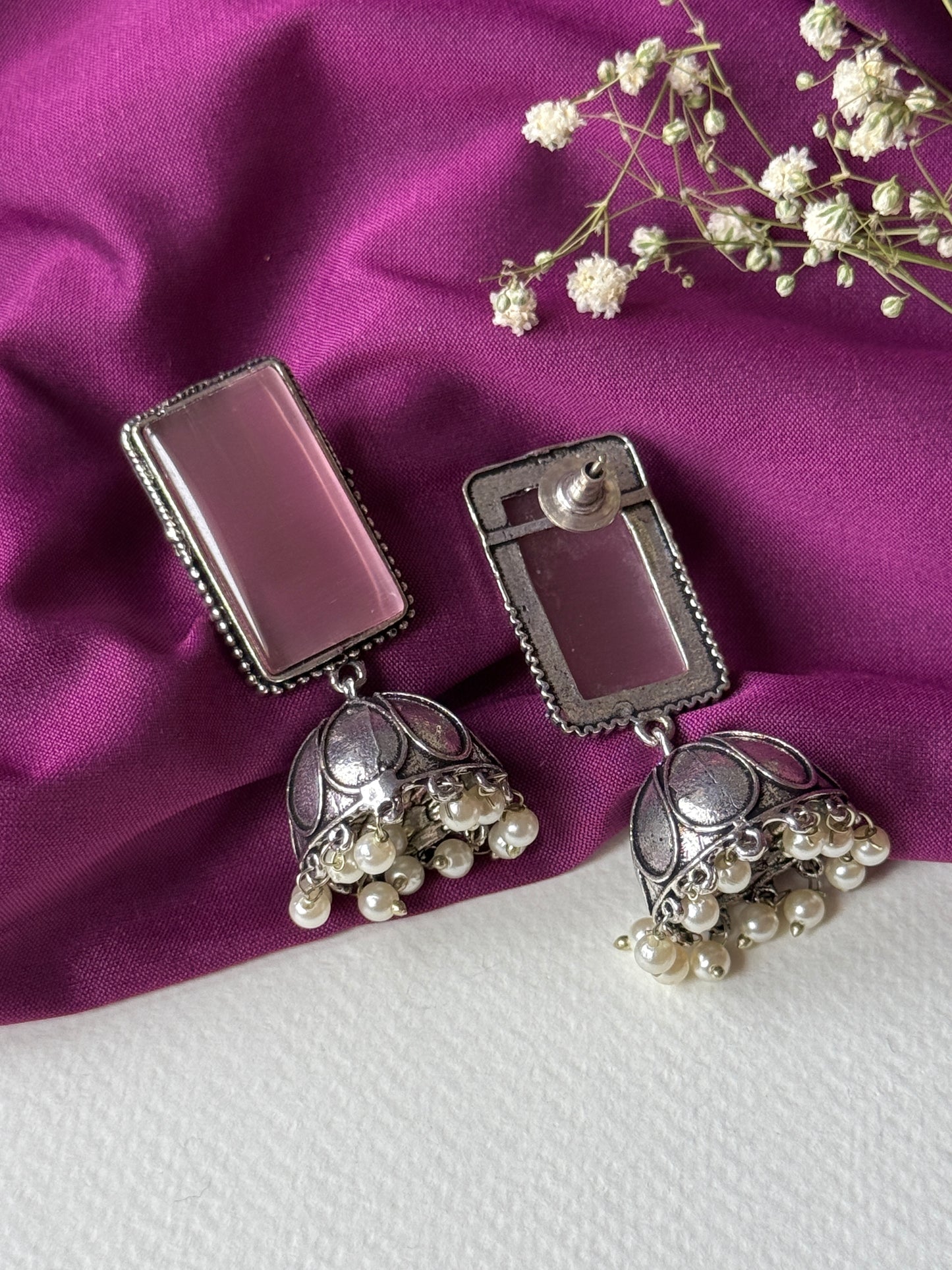 Rectangular Monalisa Stone Embedded Jhumka