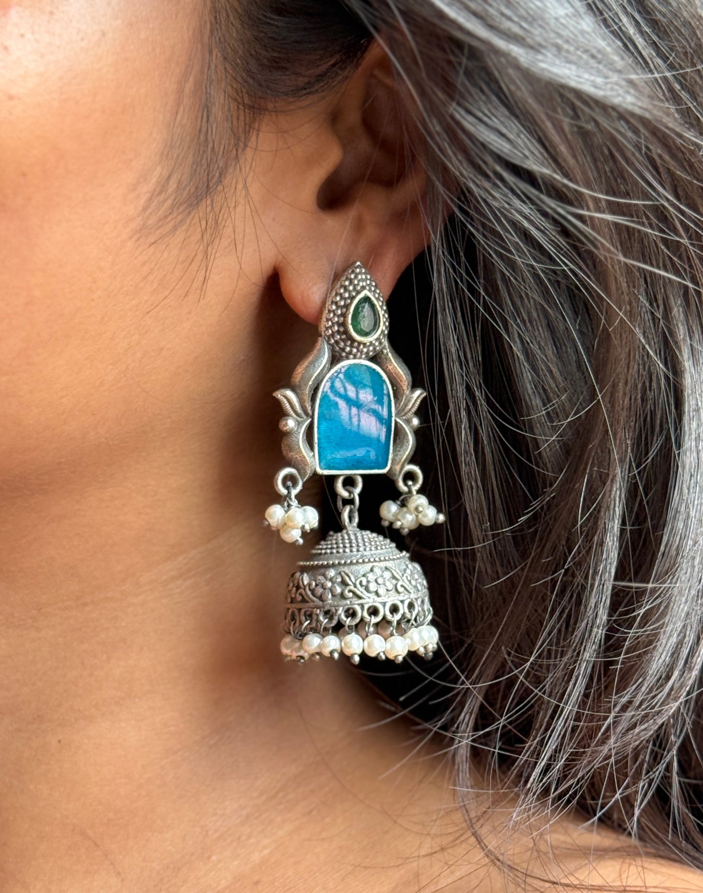 Silver Lookalike Dark Blue Jhumka