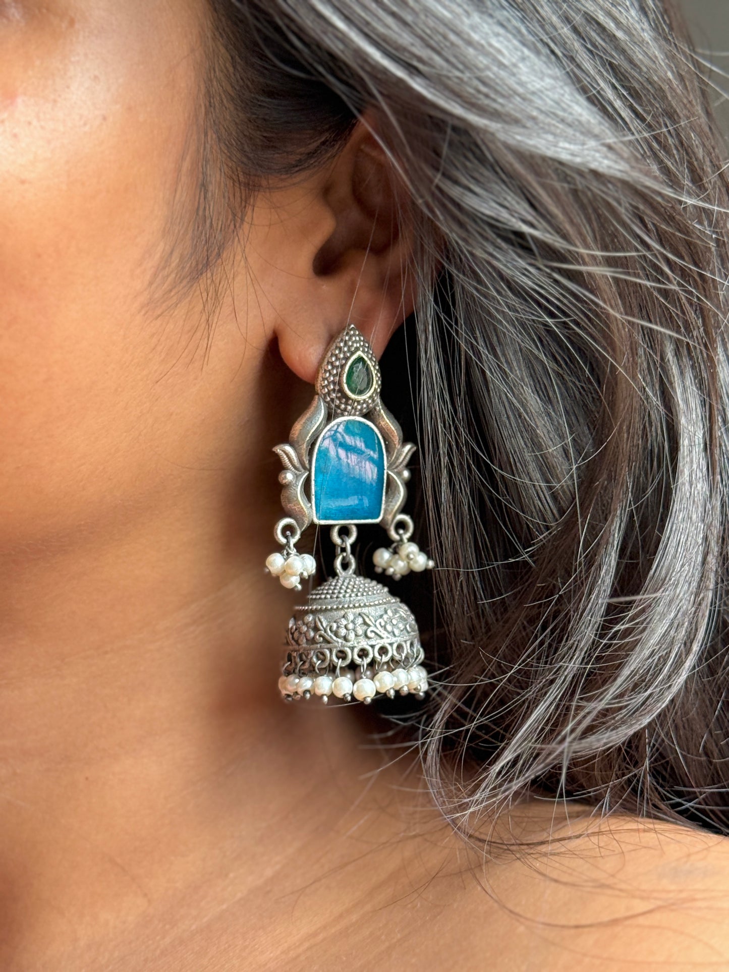 Silver Lookalike Dark Blue Jhumka