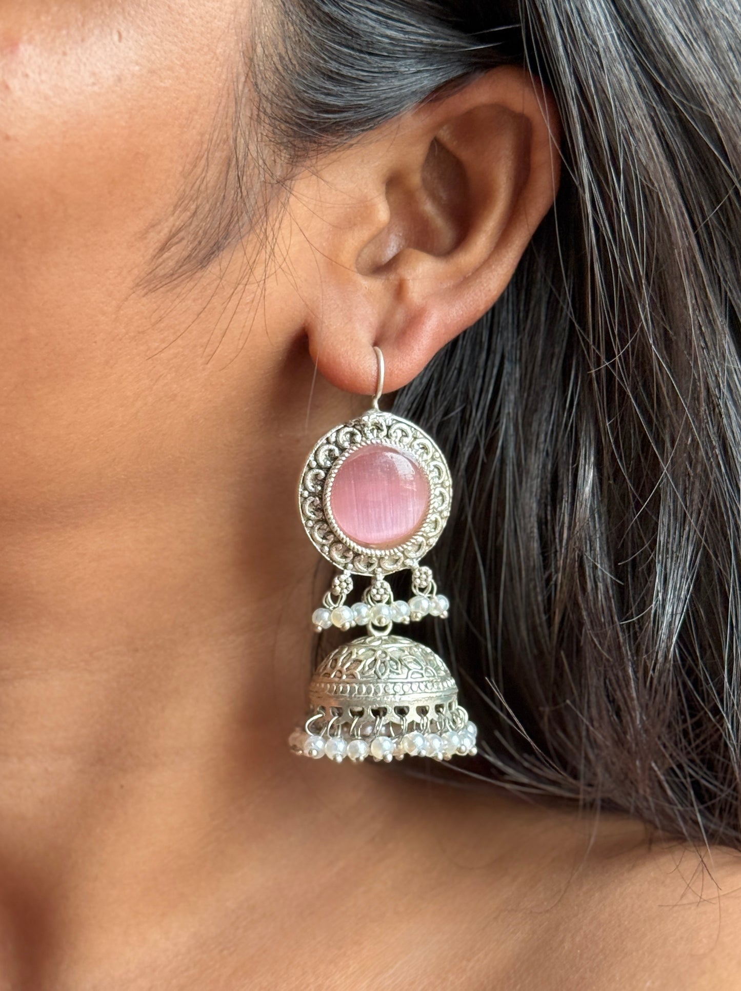 Silver Lookalike Jhumka with Dangling Pearls