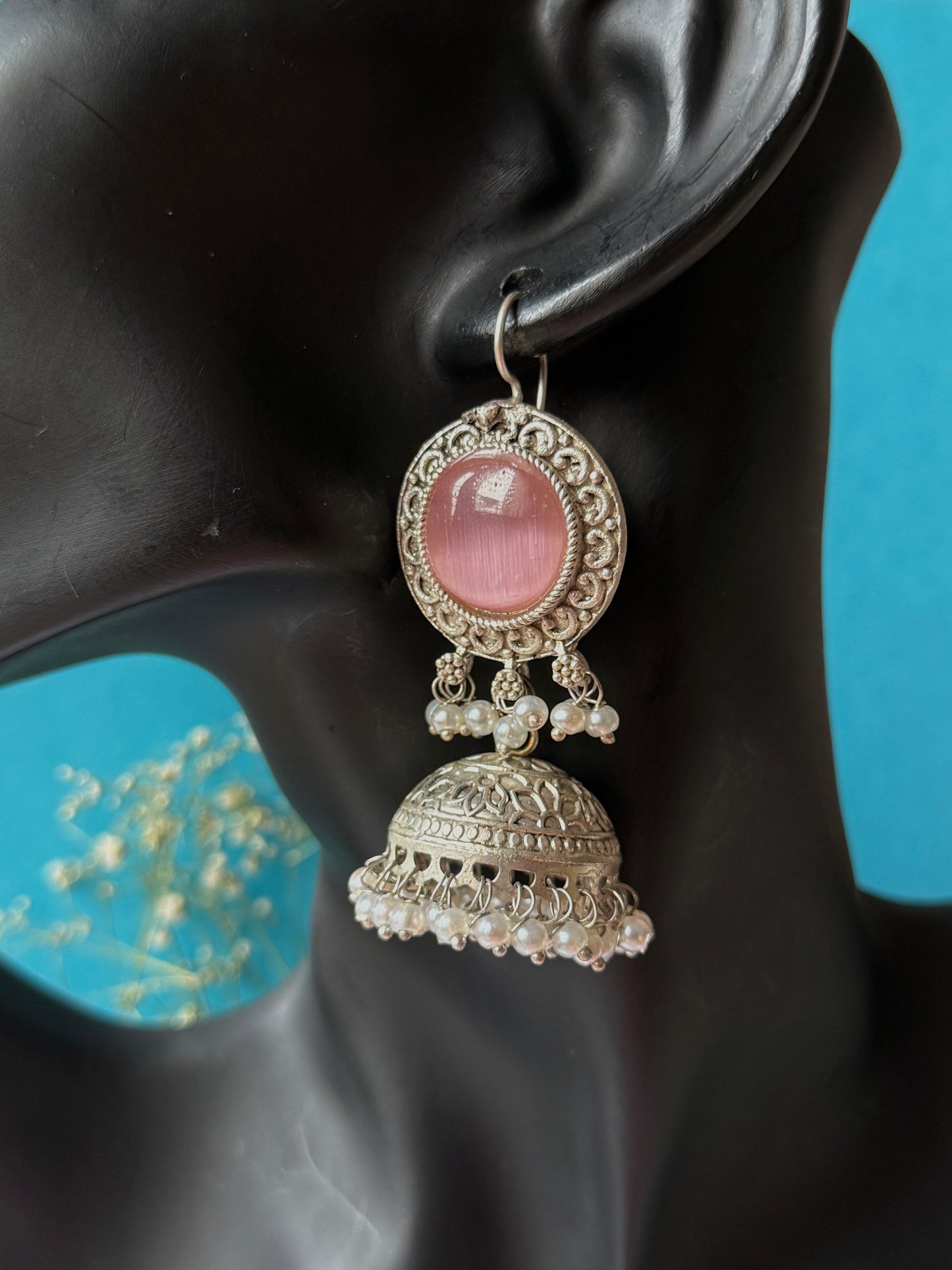 Silver Lookalike Jhumka with Dangling Pearls