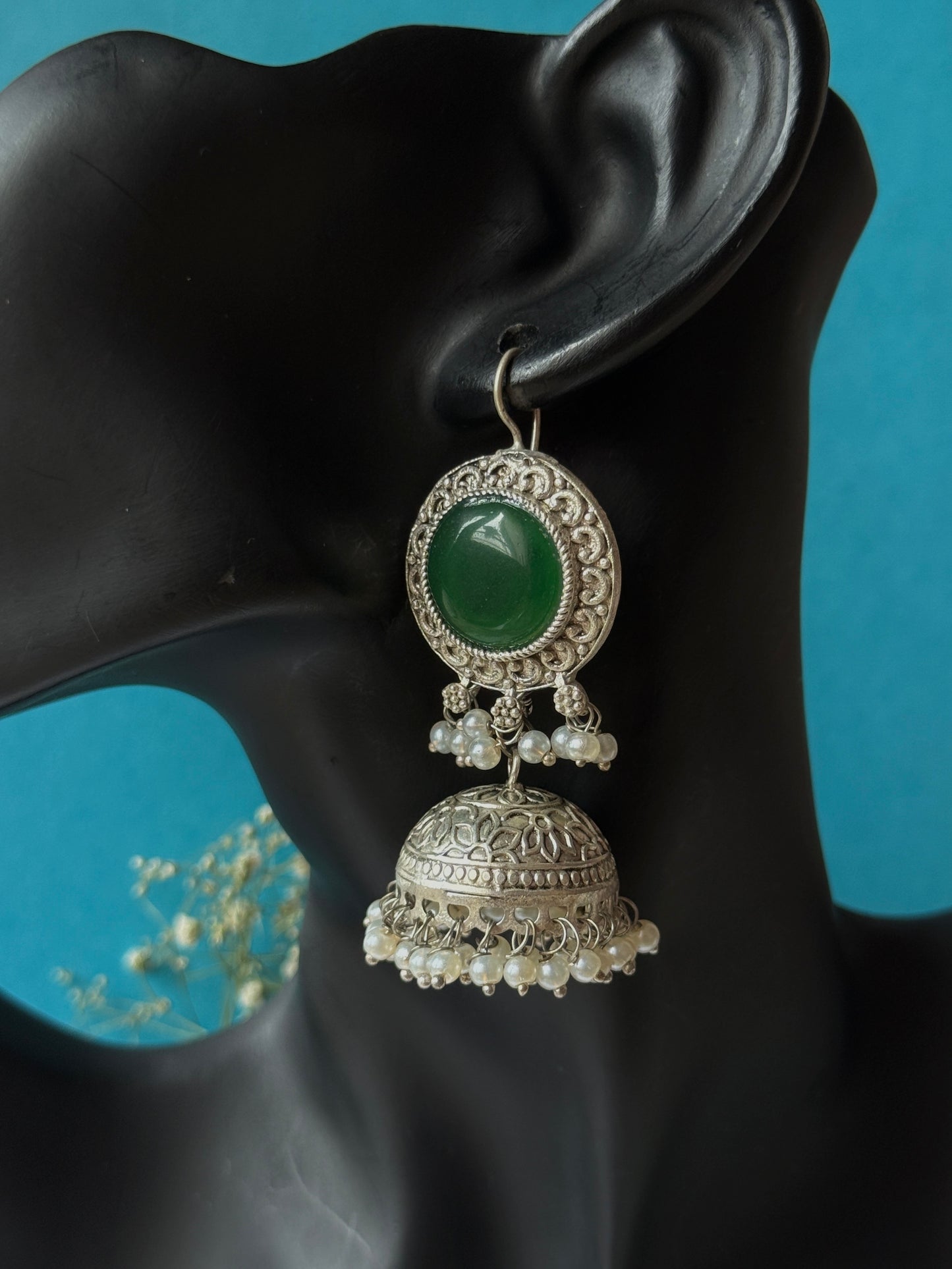 Silver Lookalike Jhumka with Dangling Pearls