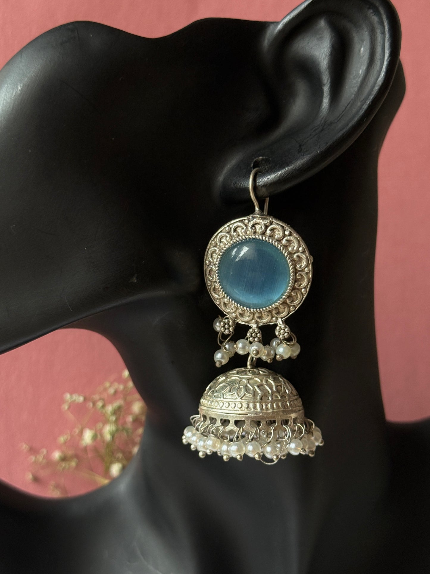 Silver Lookalike Jhumka with Dangling Pearls