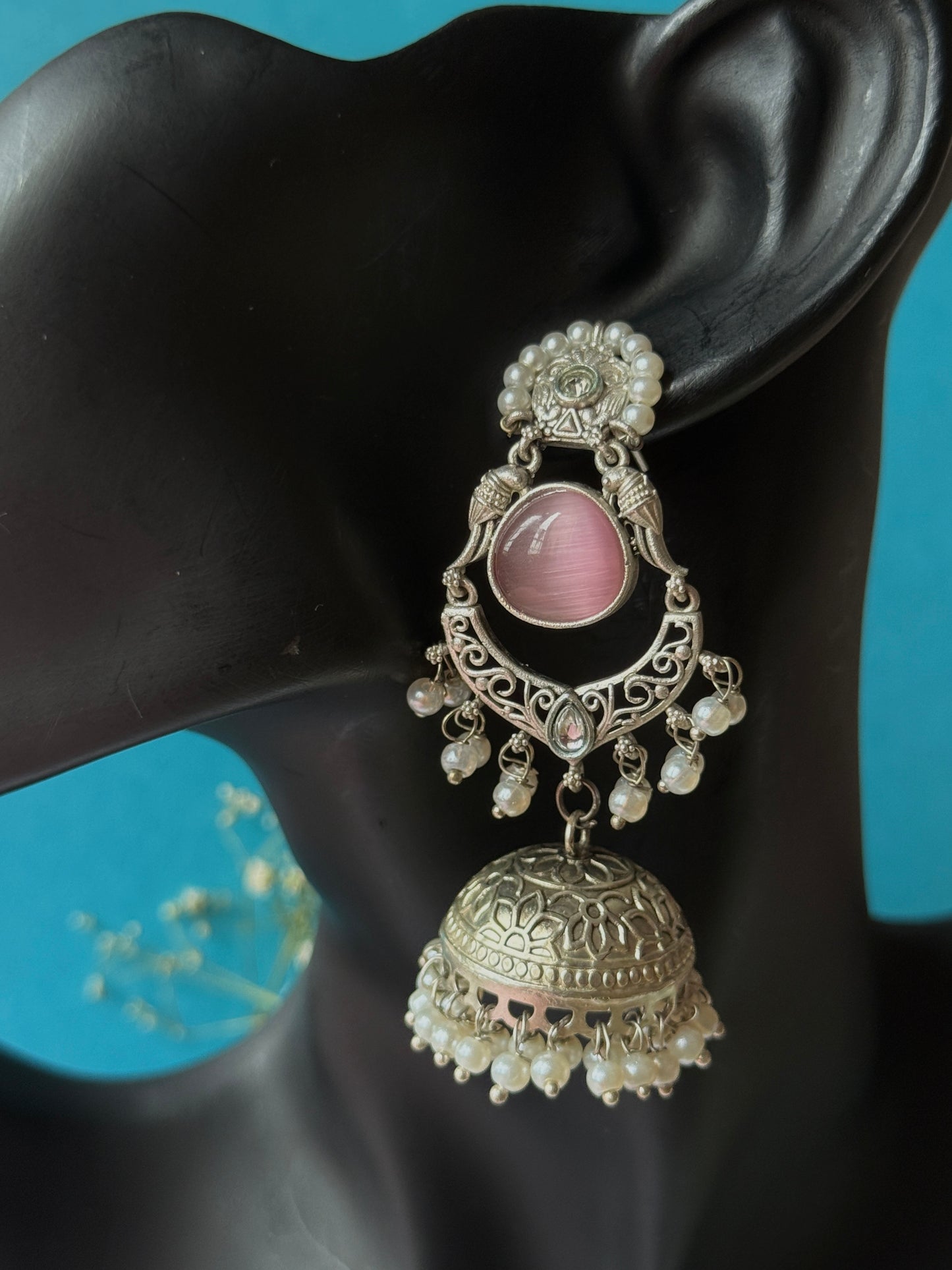Silver Lookalike Jhumka with Embedded Pearls