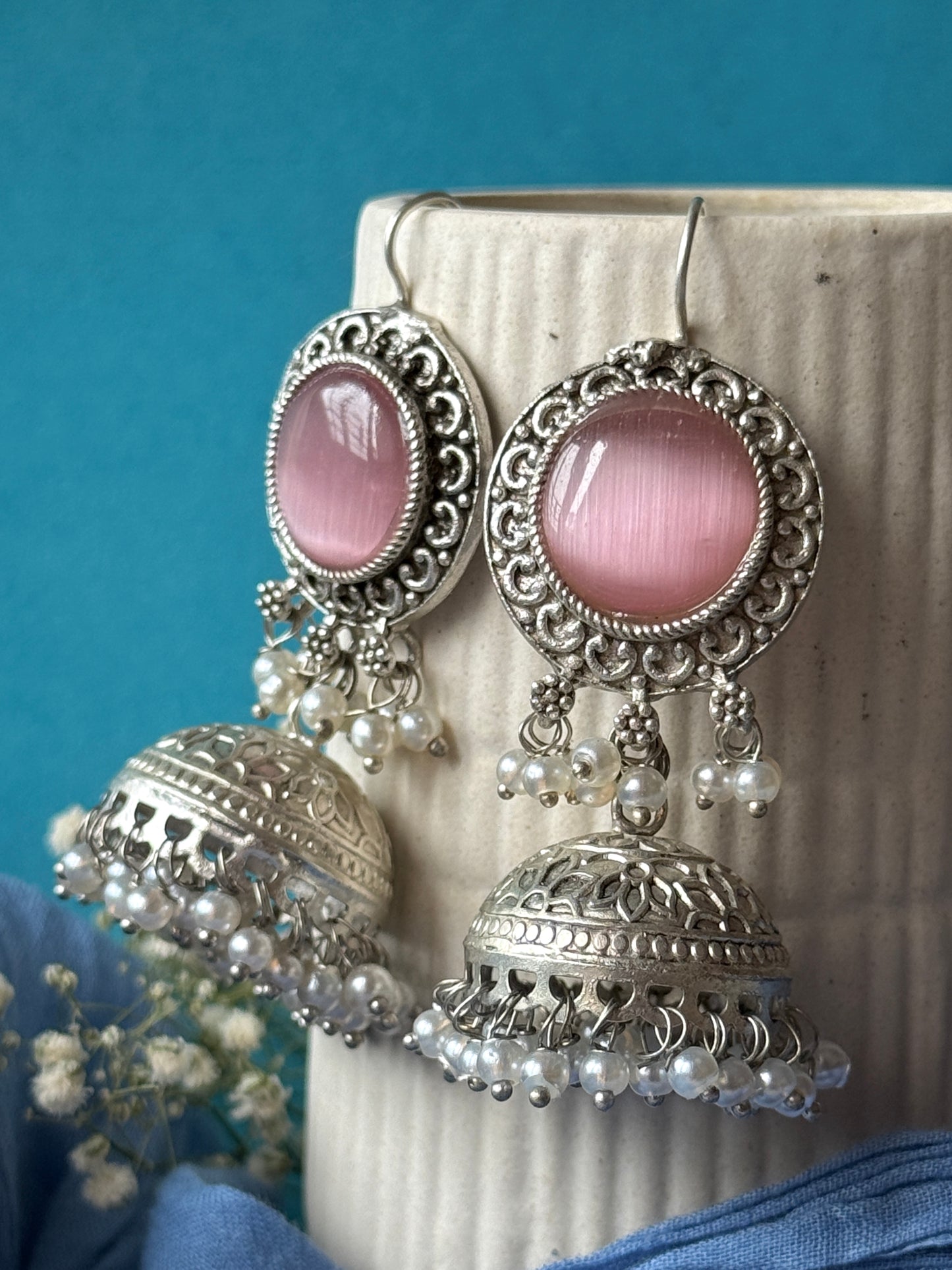 Silver Lookalike Jhumka with Dangling Pearls