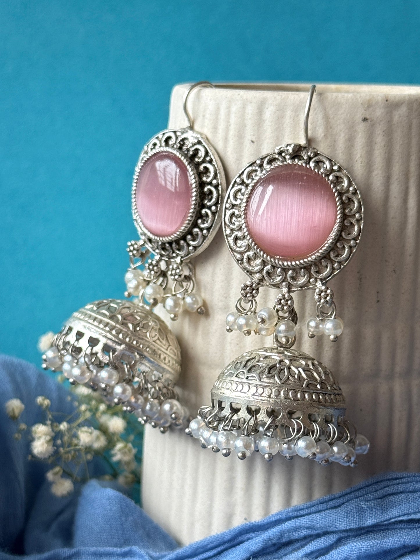 Silver Lookalike Jhumka with Dangling Pearls