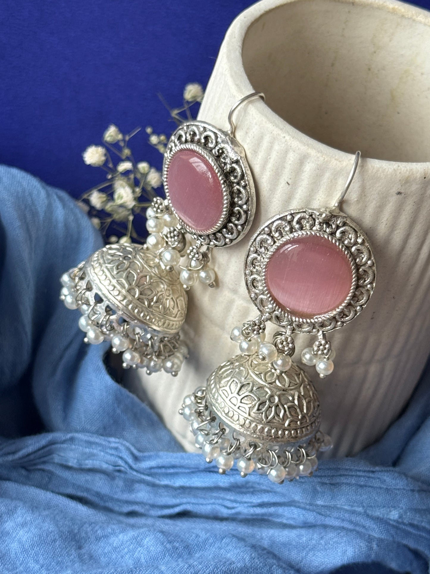 Silver Lookalike Jhumka with Dangling Pearls