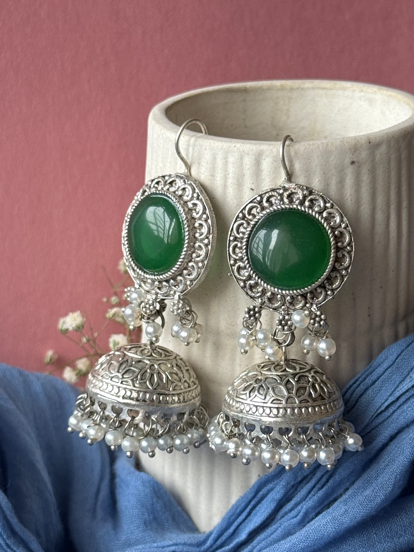 Silver Lookalike Jhumka with Dangling Pearls