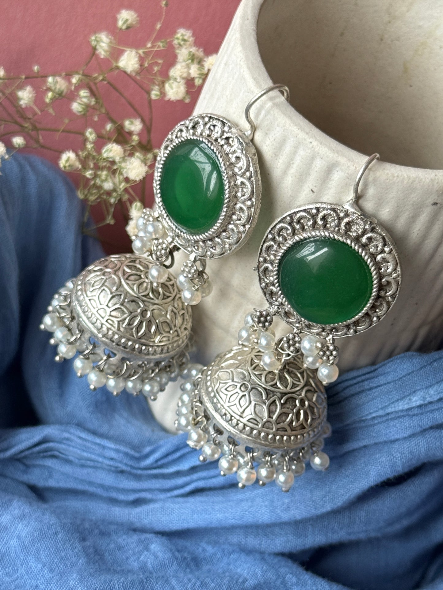 Silver Lookalike Jhumka with Dangling Pearls