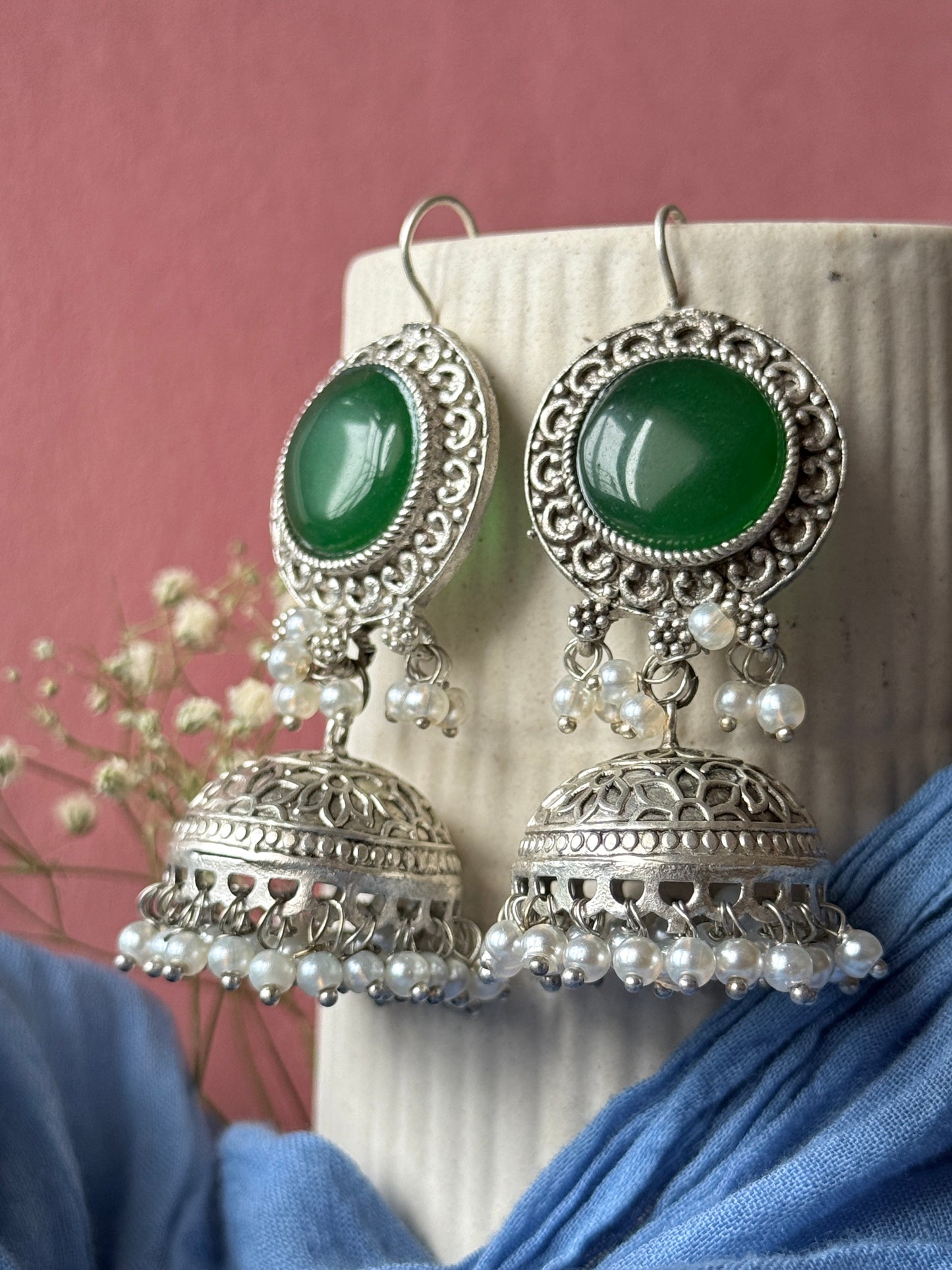 Silver Lookalike Jhumka with Dangling Pearls